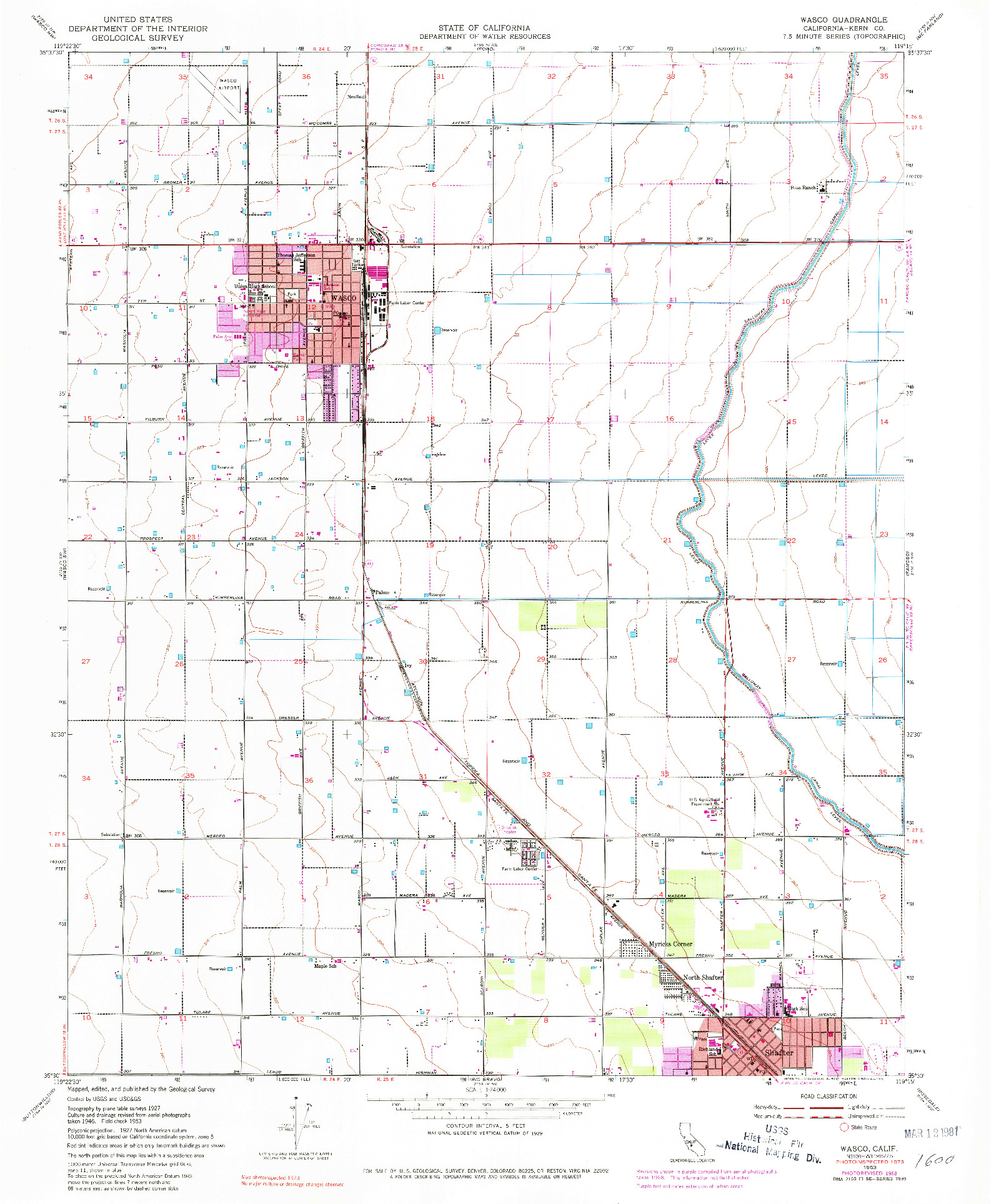 USGS 1:24000-SCALE QUADRANGLE FOR WASCO, CA 1953