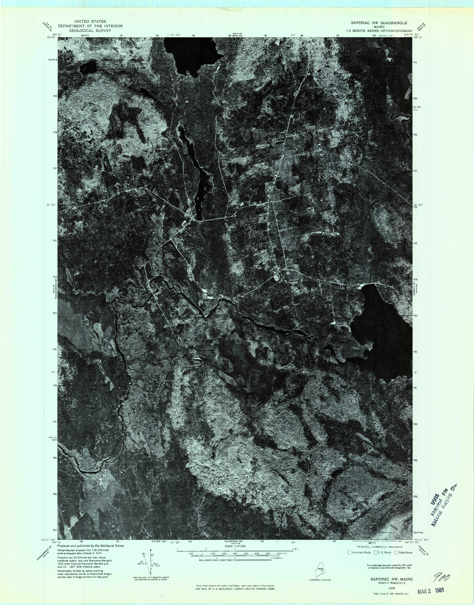 USGS 1:24000-SCALE QUADRANGLE FOR SAPONAC NW, ME 1975