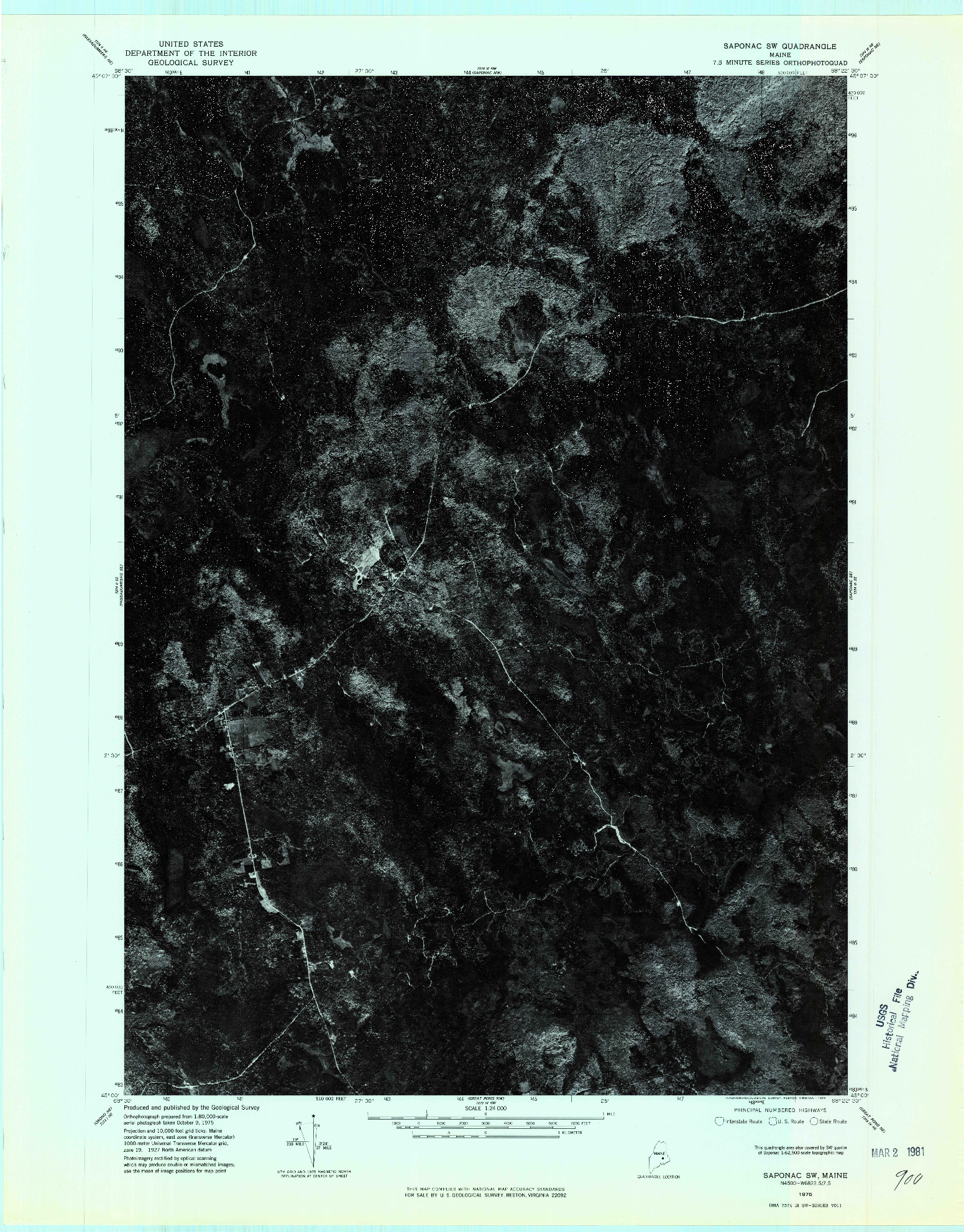 USGS 1:24000-SCALE QUADRANGLE FOR SAPONAC SW, ME 1975