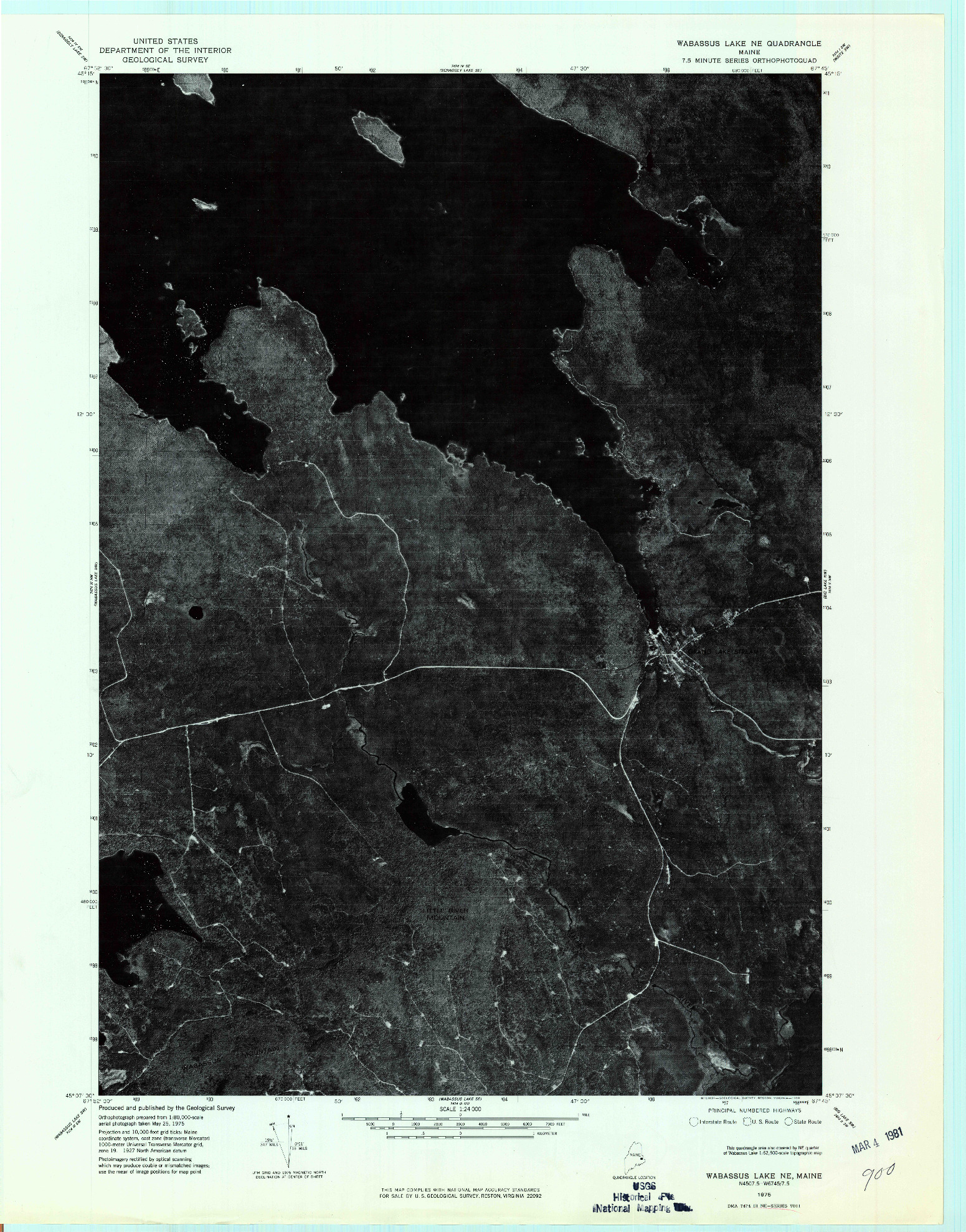 USGS 1:24000-SCALE QUADRANGLE FOR WABASSUS LAKE NE, ME 1975