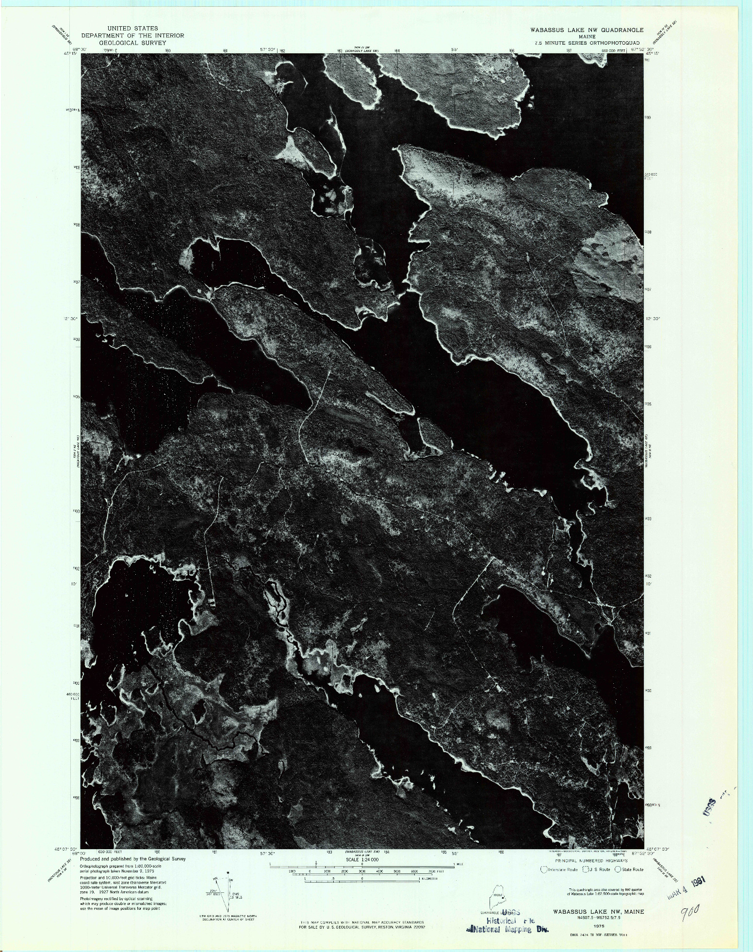 USGS 1:24000-SCALE QUADRANGLE FOR WABASSUS LAKE NW, ME 1975