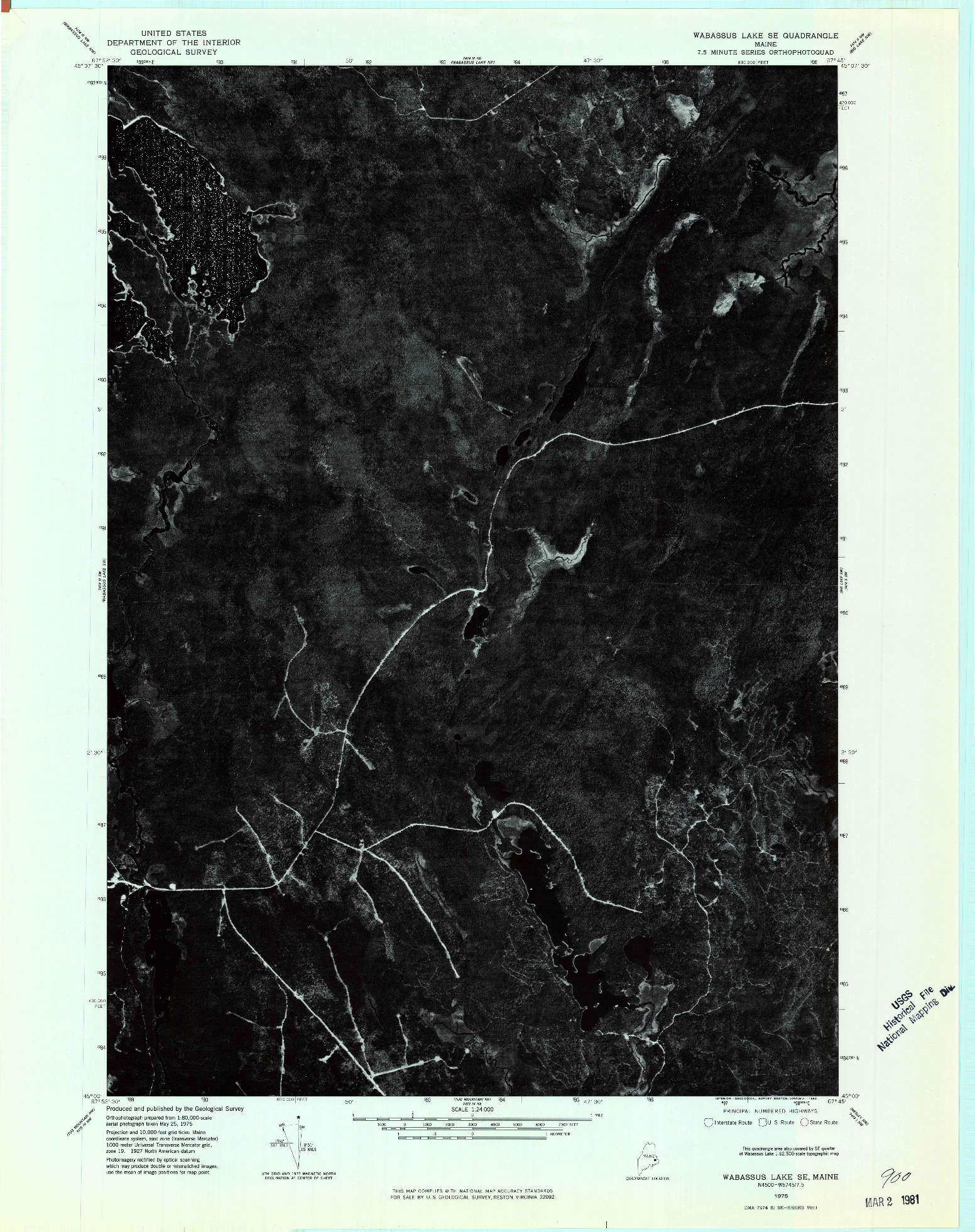 USGS 1:24000-SCALE QUADRANGLE FOR WABASSUS LAKE SE, ME 1975