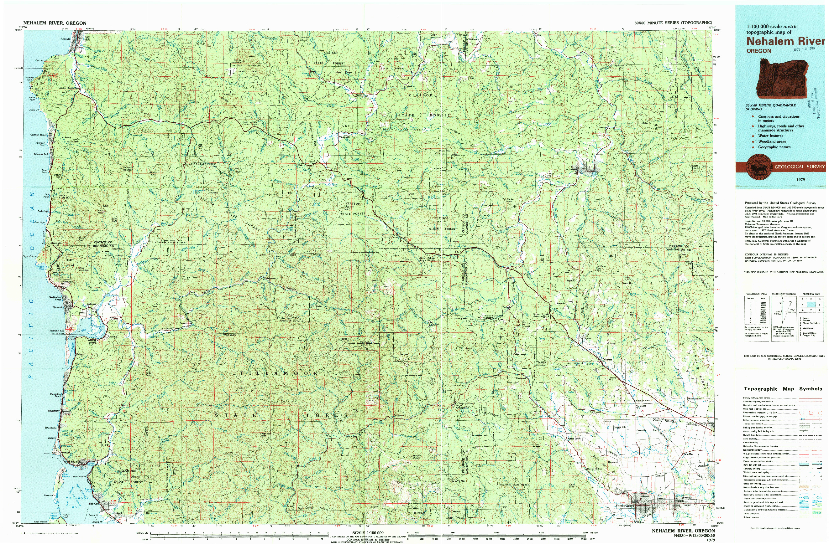 USGS 1:100000-SCALE QUADRANGLE FOR NEHALEM RIVER, OR 1979