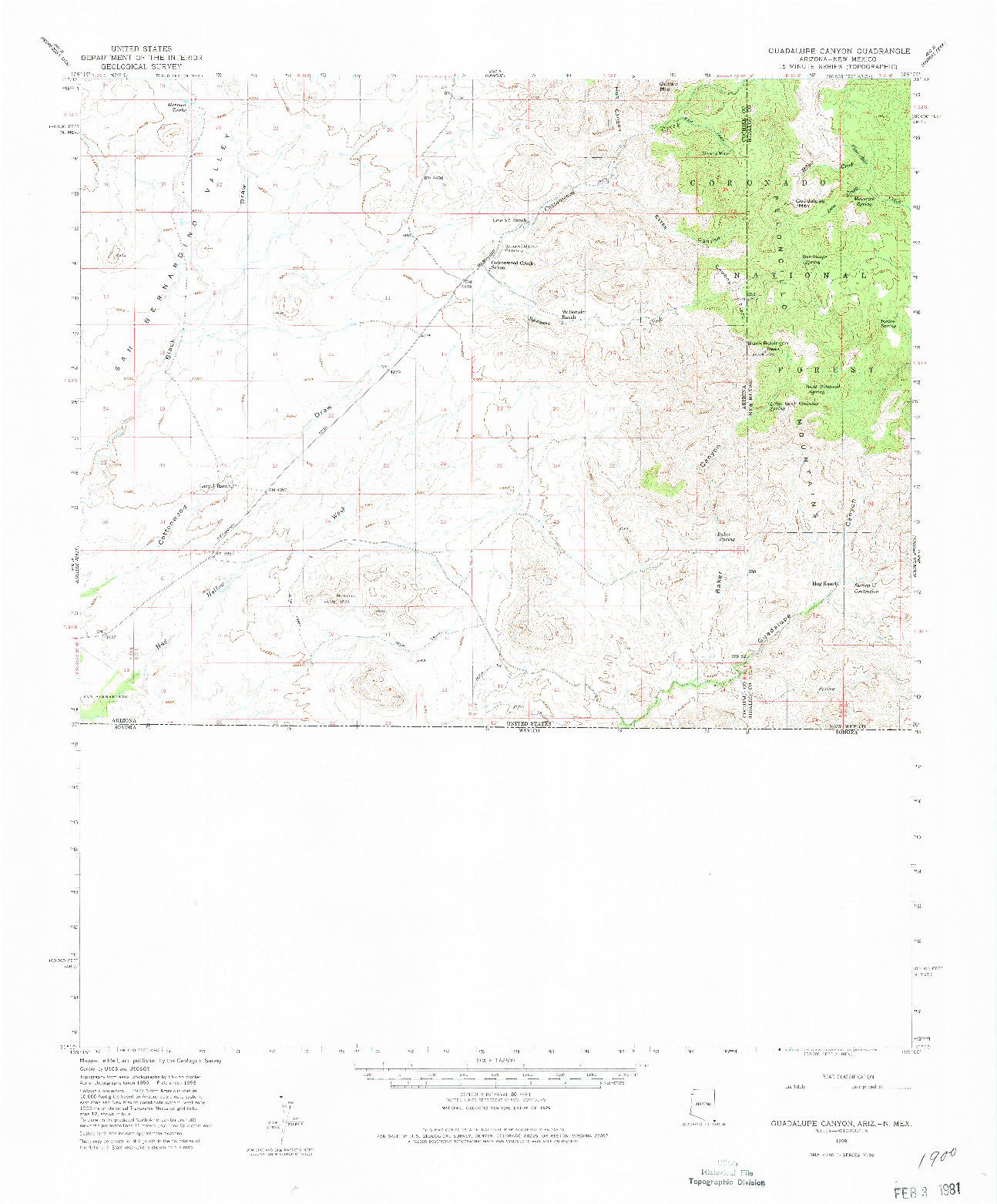 USGS 1:62500-SCALE QUADRANGLE FOR GUADALUPE CANYON, AZ 1958
