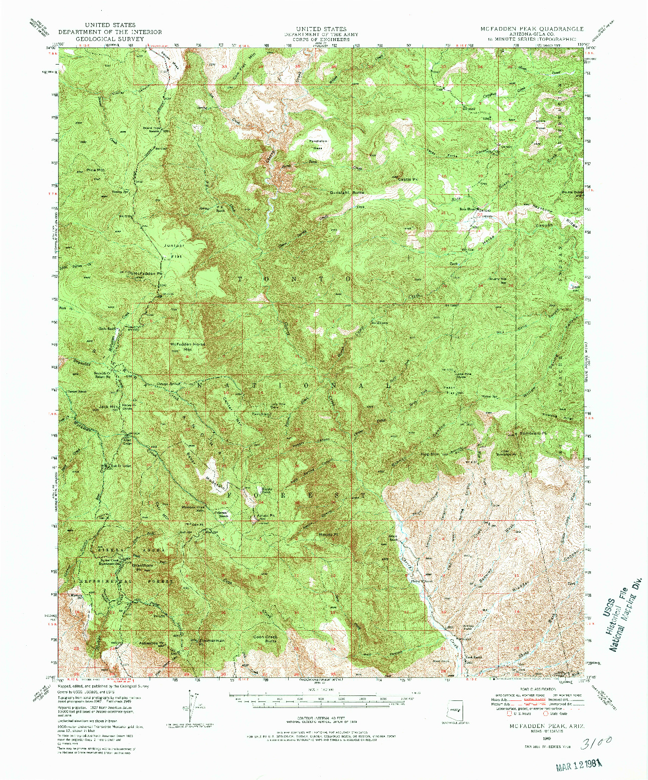 USGS 1:62500-SCALE QUADRANGLE FOR MCFADDEN PEAK, AZ 1949