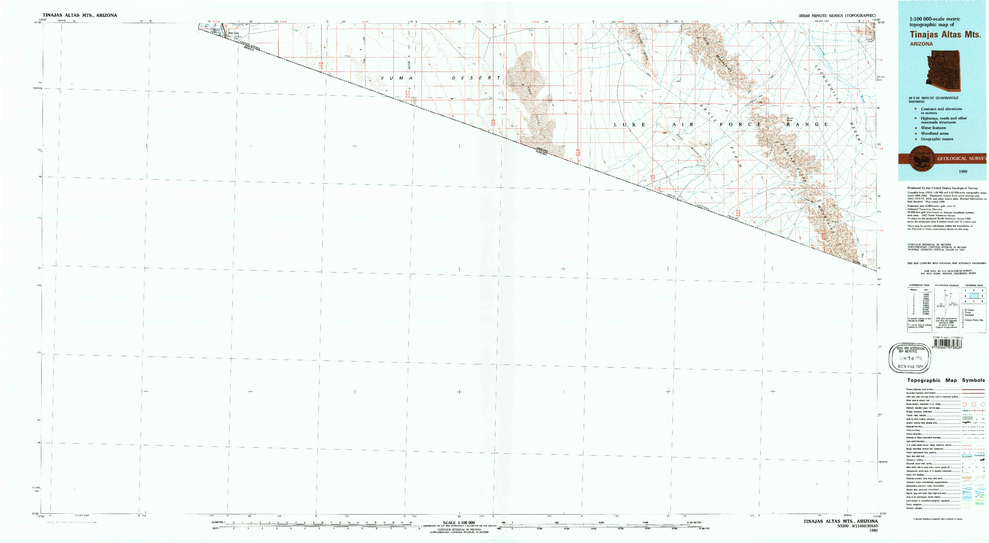 USGS 1:100000-SCALE QUADRANGLE FOR TINAJAS ALTAS MTS, AZ 1980