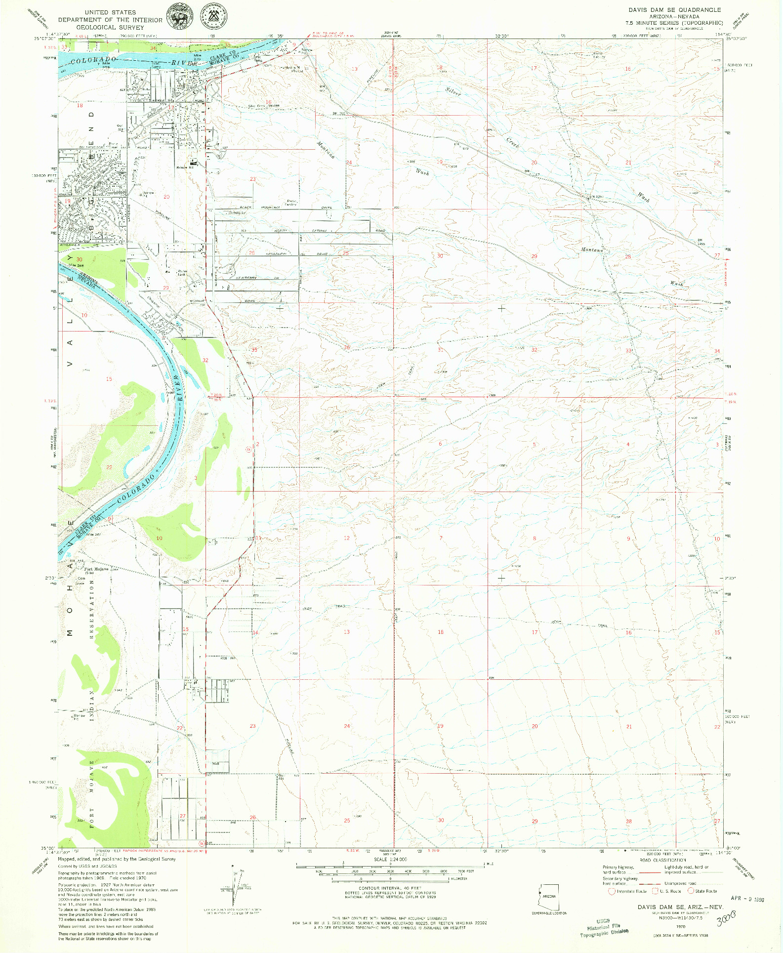 USGS 1:24000-SCALE QUADRANGLE FOR DAVIS DAM SE, AZ 1970