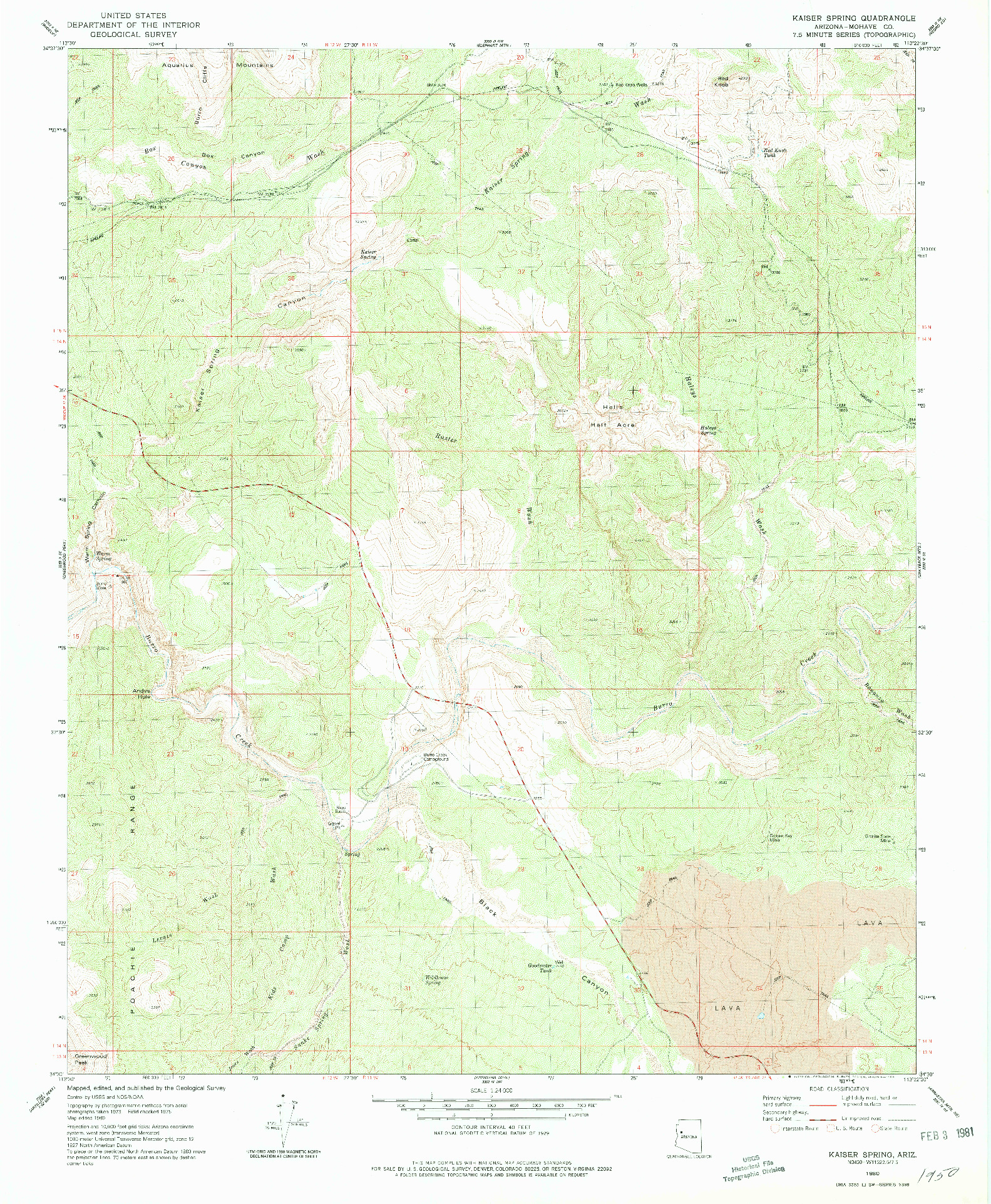 USGS 1:24000-SCALE QUADRANGLE FOR KAISER SPRING, AZ 1980