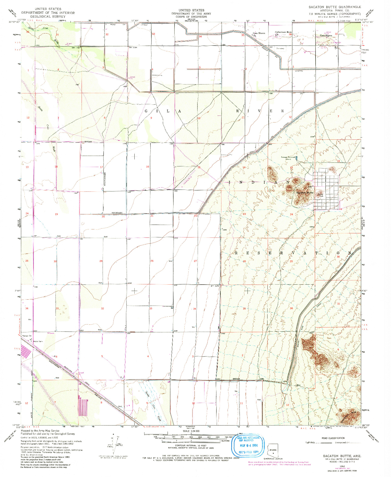 USGS 1:24000-SCALE QUADRANGLE FOR SACATON BUTTE, AZ 1952