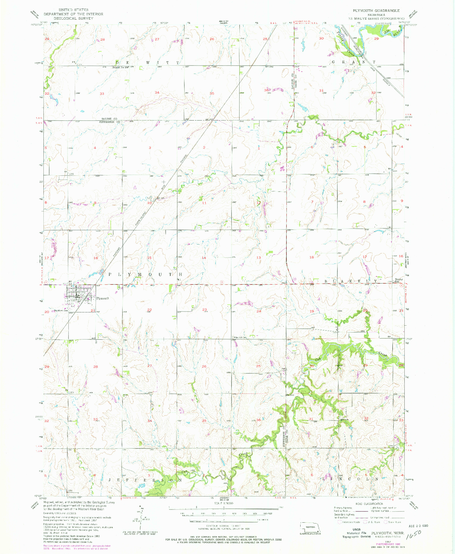 USGS 1:24000-SCALE QUADRANGLE FOR PLYMOUTH, NE 1957