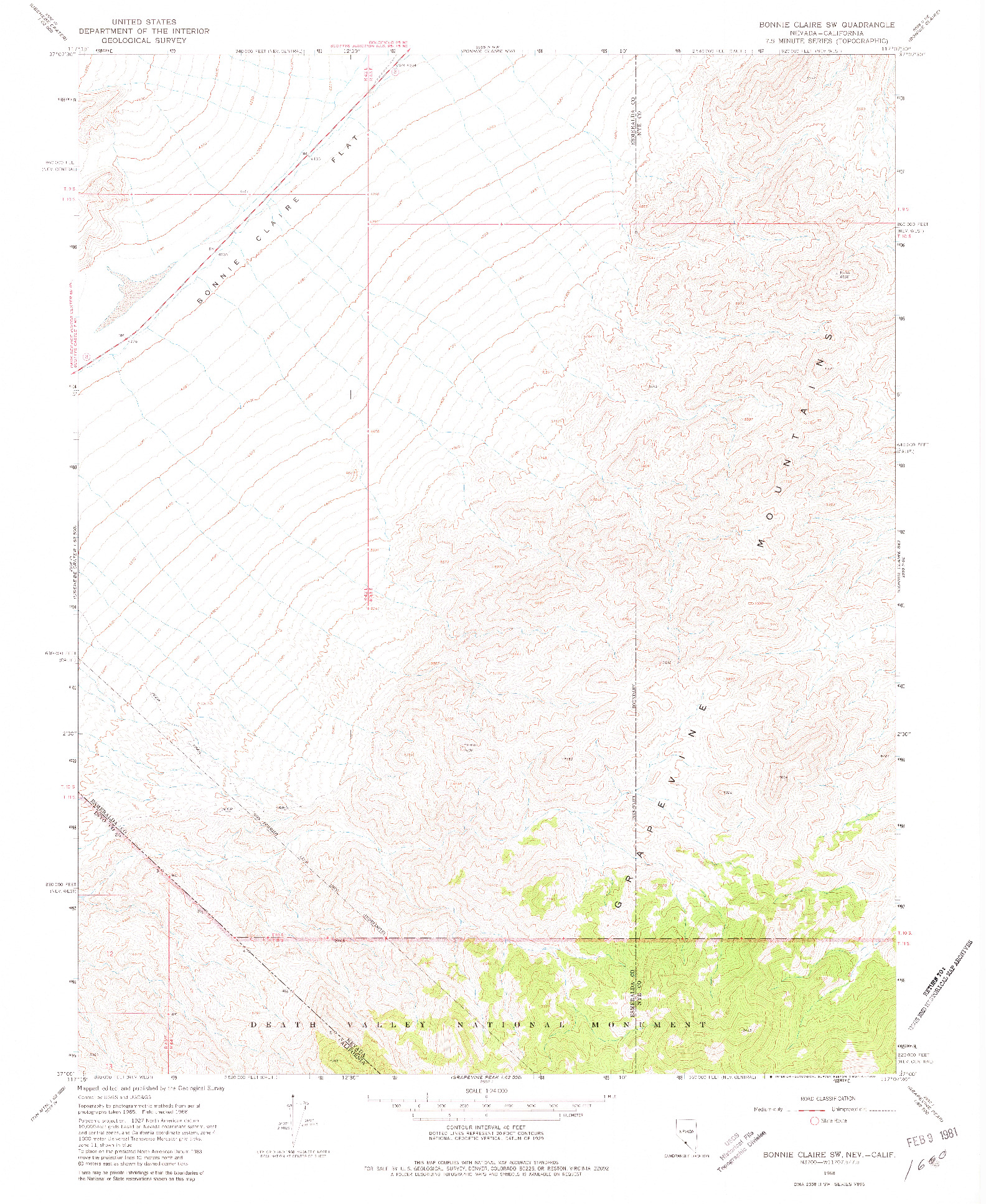 USGS 1:24000-SCALE QUADRANGLE FOR BONNIE CLAIRE SW, NV 1968