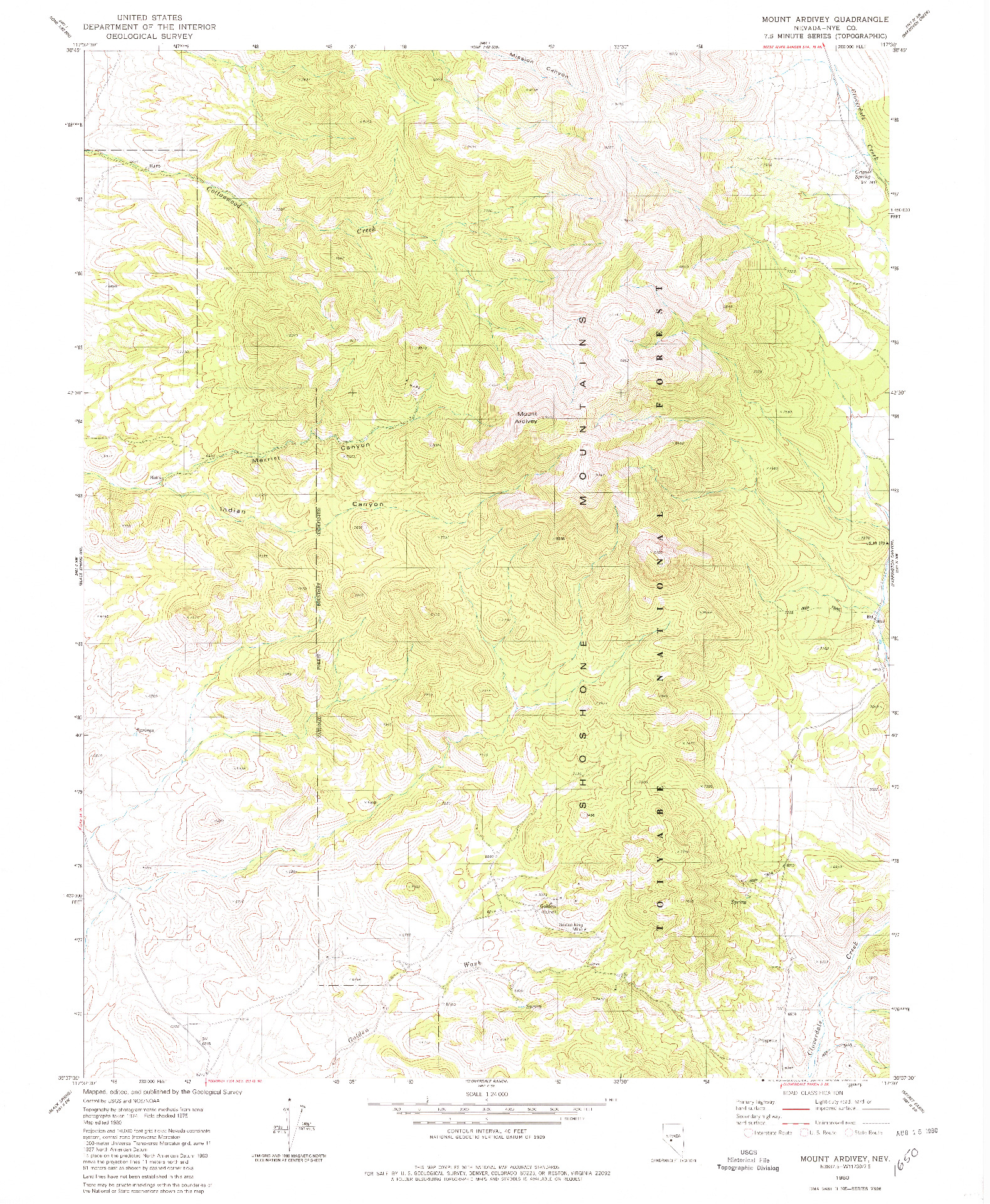 USGS 1:24000-SCALE QUADRANGLE FOR MOUNT ARDIVEY, NV 1980