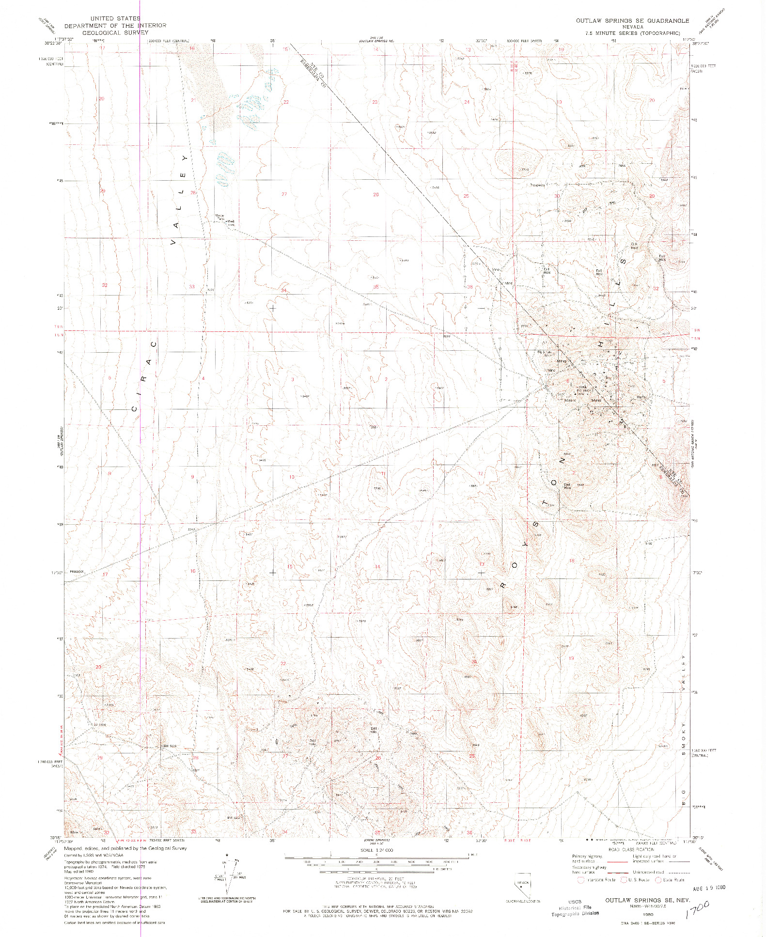 USGS 1:24000-SCALE QUADRANGLE FOR OUTLAW SPRINGS SE, NV 1980