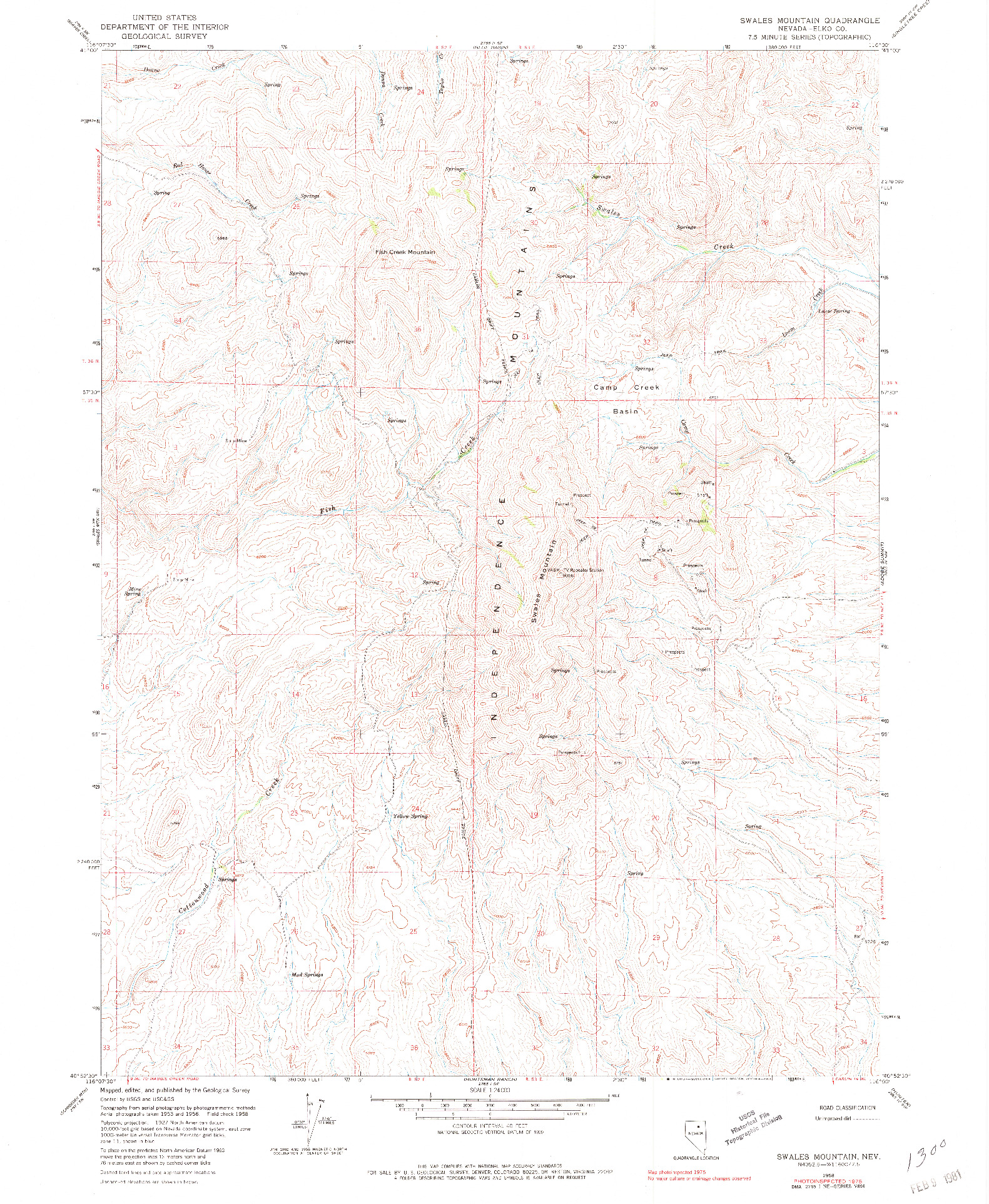 USGS 1:24000-SCALE QUADRANGLE FOR SWALES MOUNTAIN, NV 1958