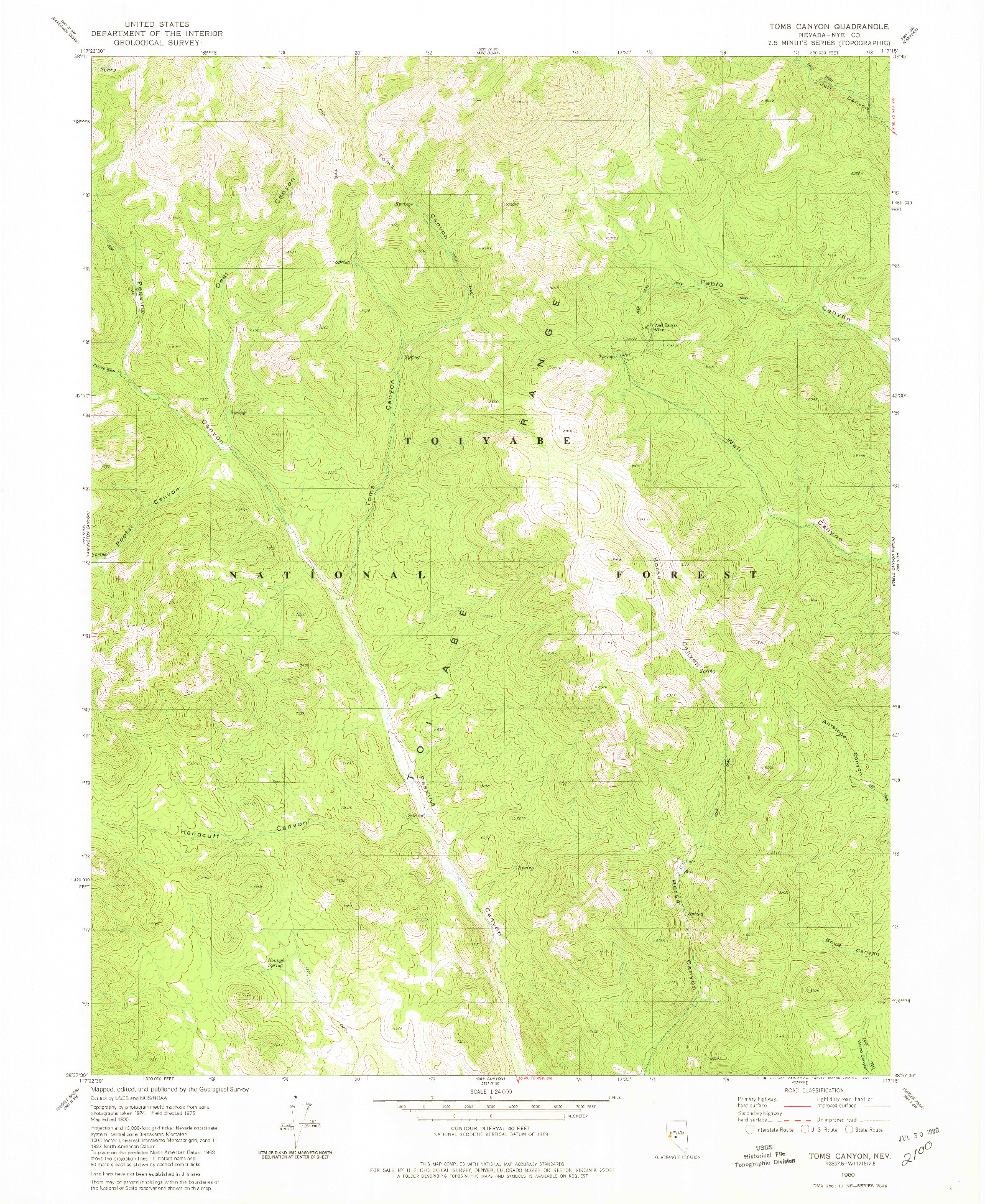 USGS 1:24000-SCALE QUADRANGLE FOR TOMS CANYON, NV 1980