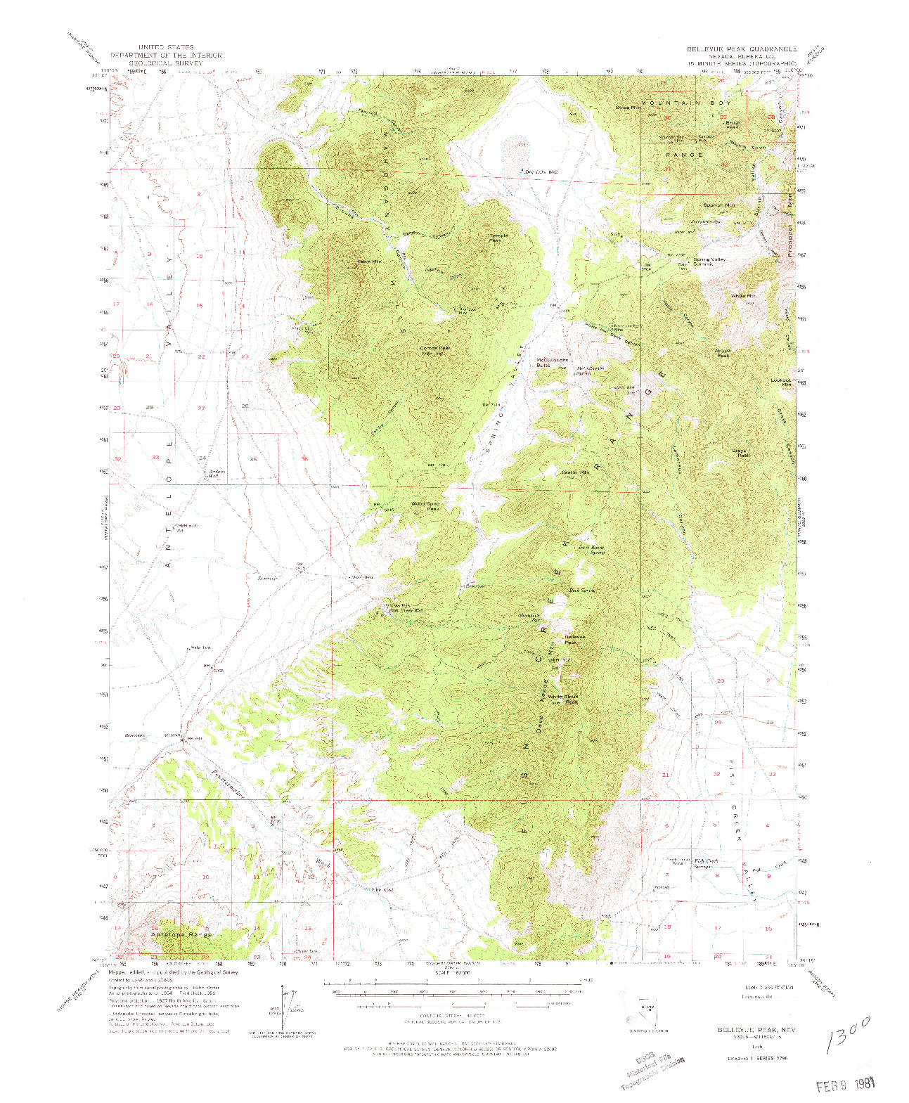 USGS 1:62500-SCALE QUADRANGLE FOR BELLEVUE PEAK, NV 1956