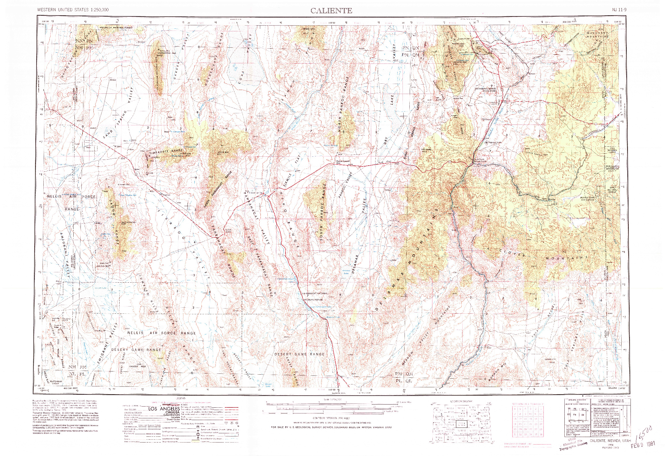 USGS 1:250000-SCALE QUADRANGLE FOR CALIENTE, NV 1954