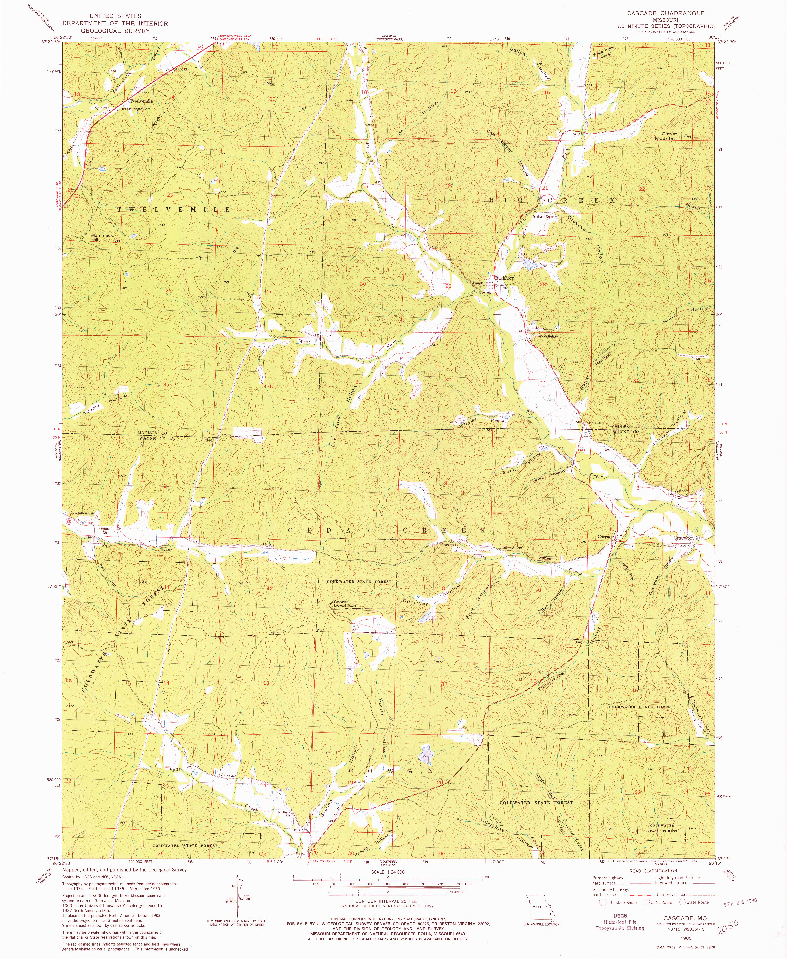 USGS 1:24000-SCALE QUADRANGLE FOR CASCADE, MO 1980