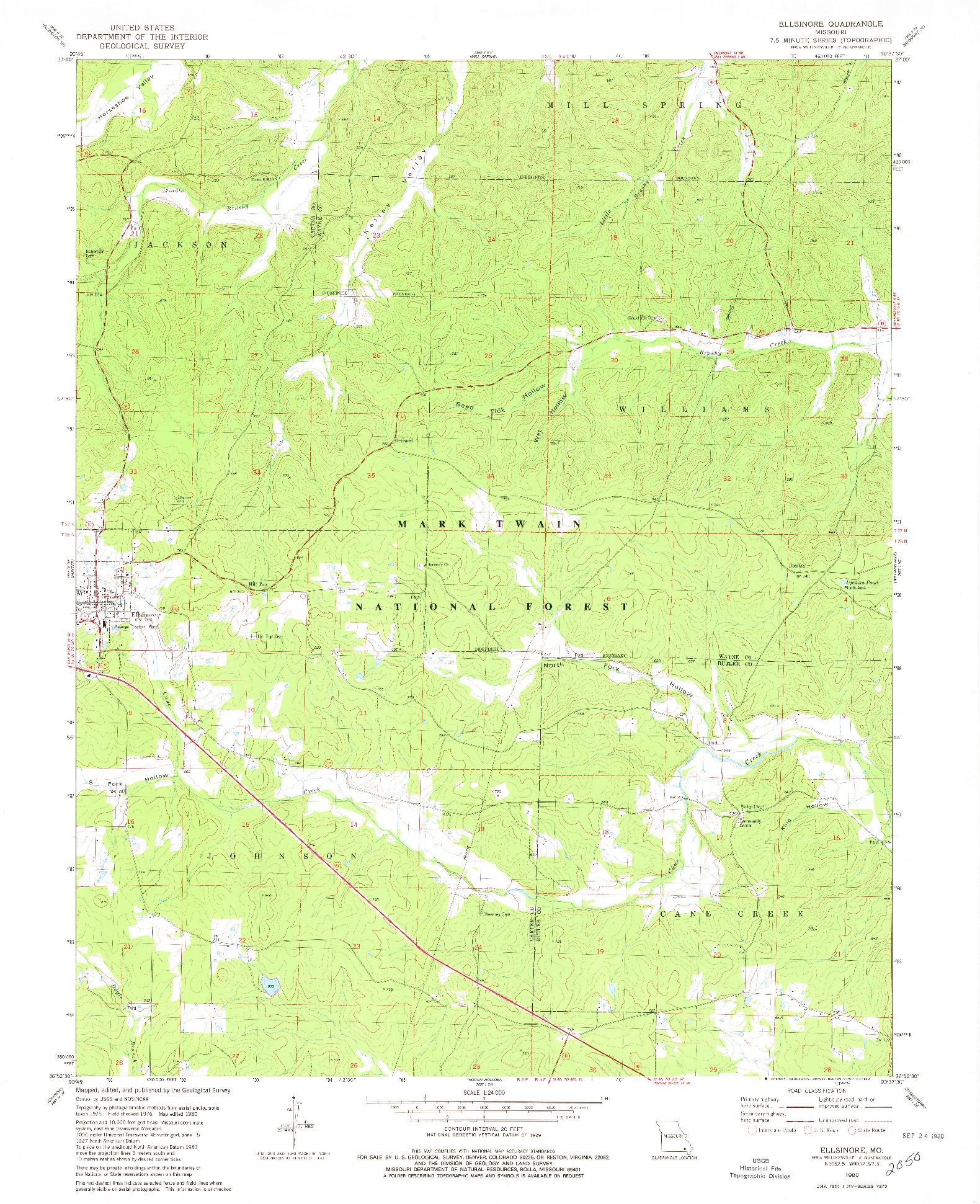 USGS 1:24000-SCALE QUADRANGLE FOR ELLSINORE, MO 1980