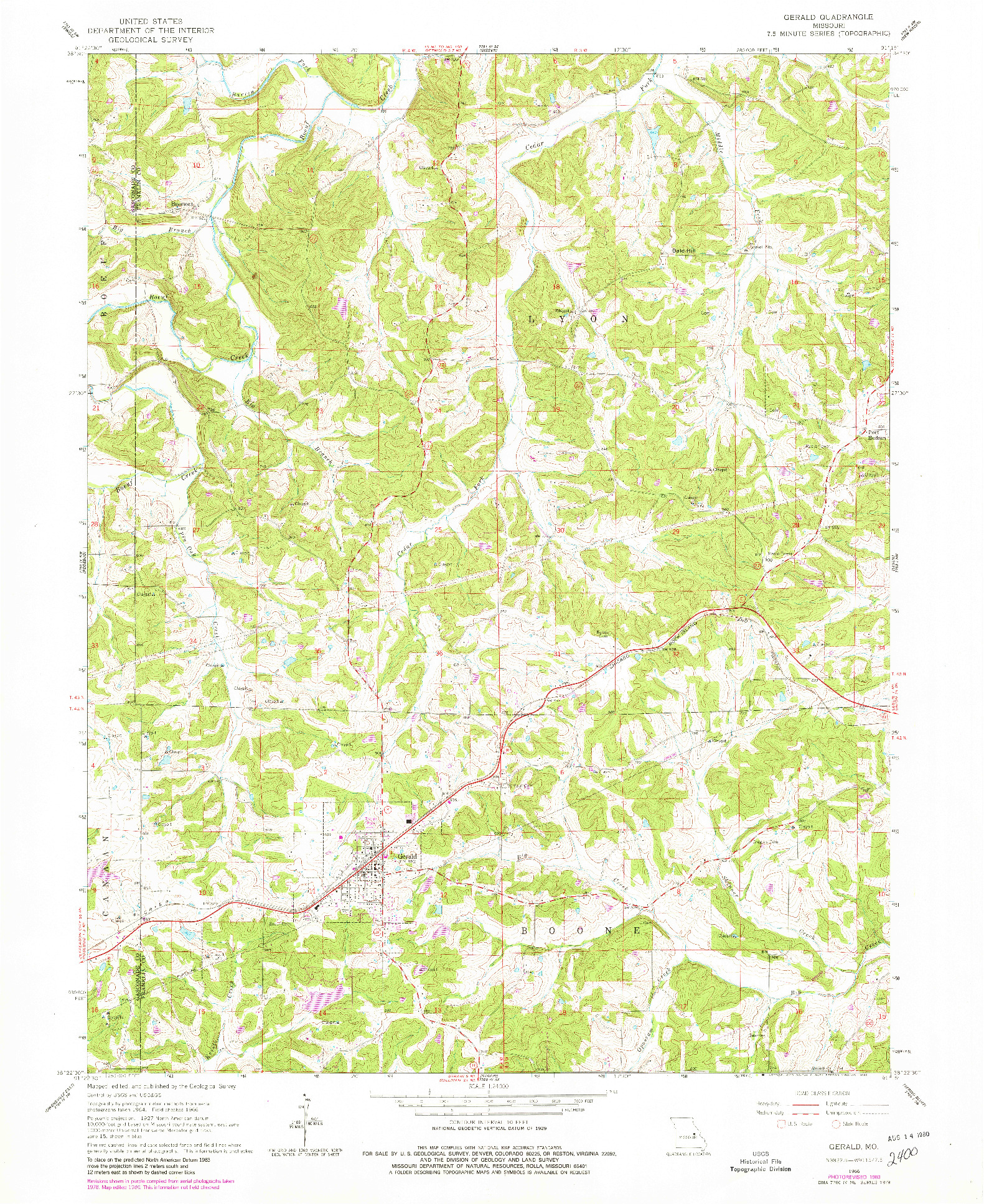 USGS 1:24000-SCALE QUADRANGLE FOR GERALD, MO 1966