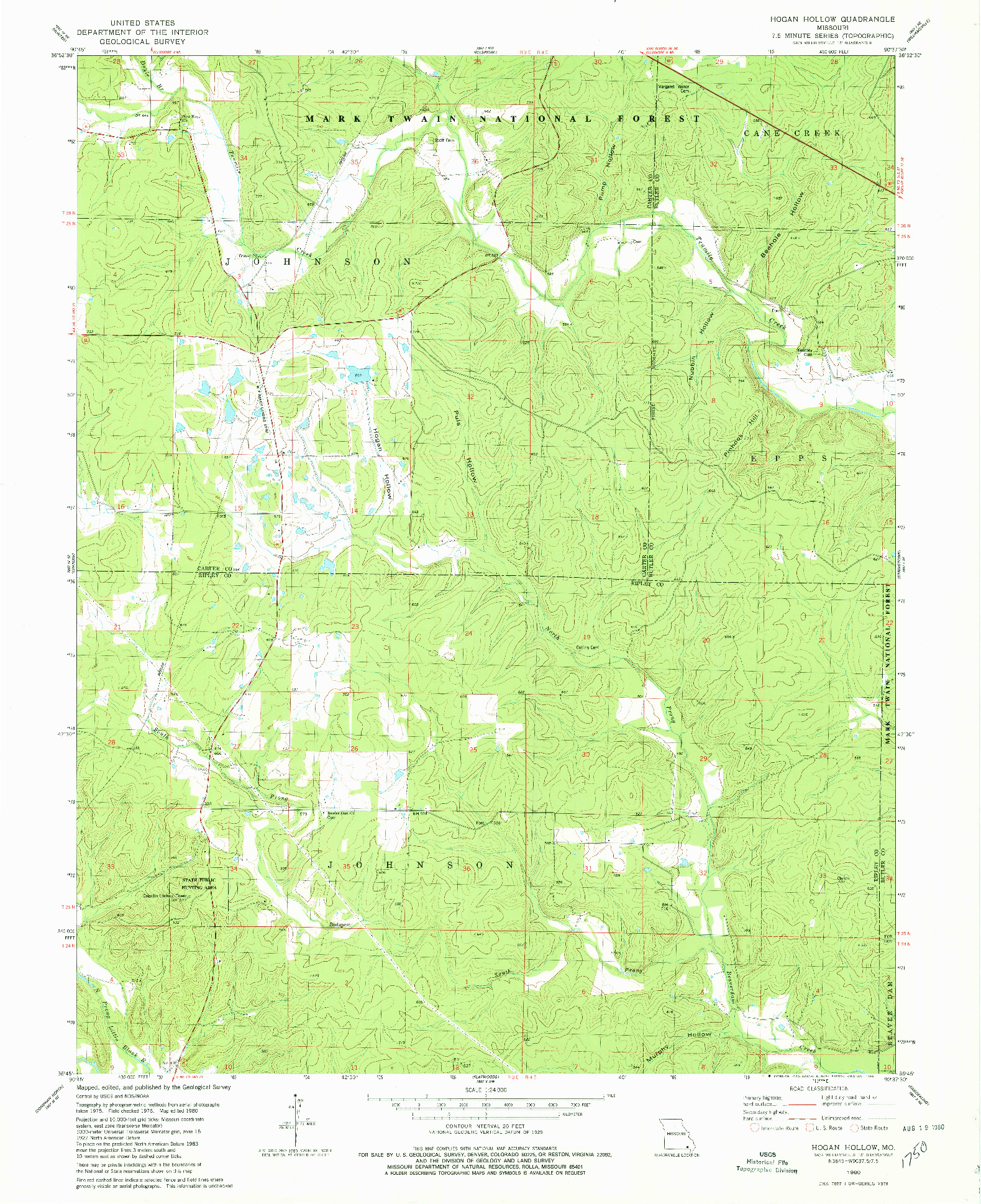 USGS 1:24000-SCALE QUADRANGLE FOR HOGAN HOLLOW, MO 1980