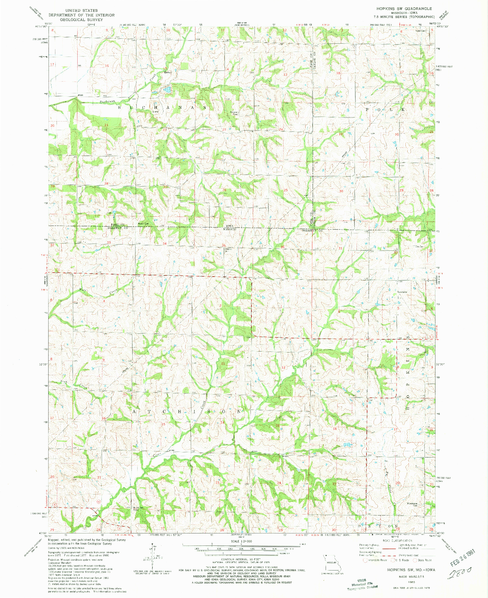 USGS 1:24000-SCALE QUADRANGLE FOR HOPKINS SW, MO 1980