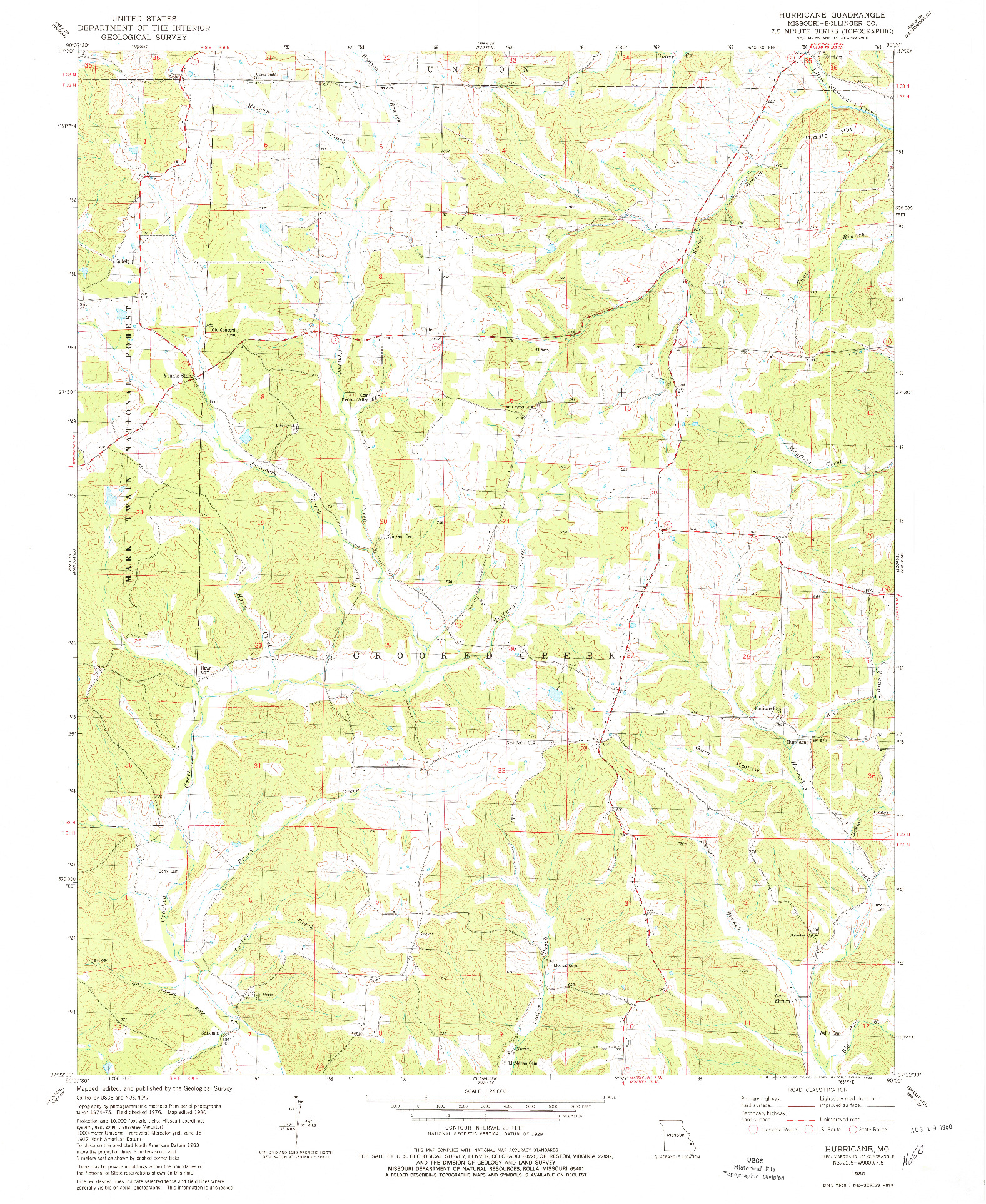 USGS 1:24000-SCALE QUADRANGLE FOR HURRICANE, MO 1980
