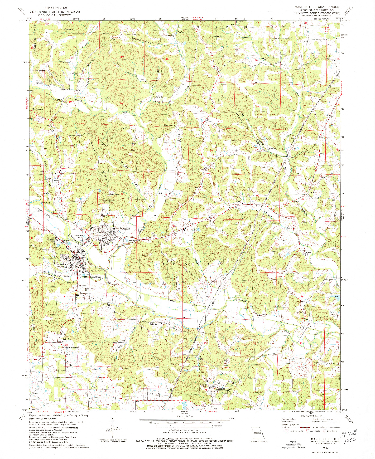 USGS 1:24000-SCALE QUADRANGLE FOR MARBLE HILL, MO 1980