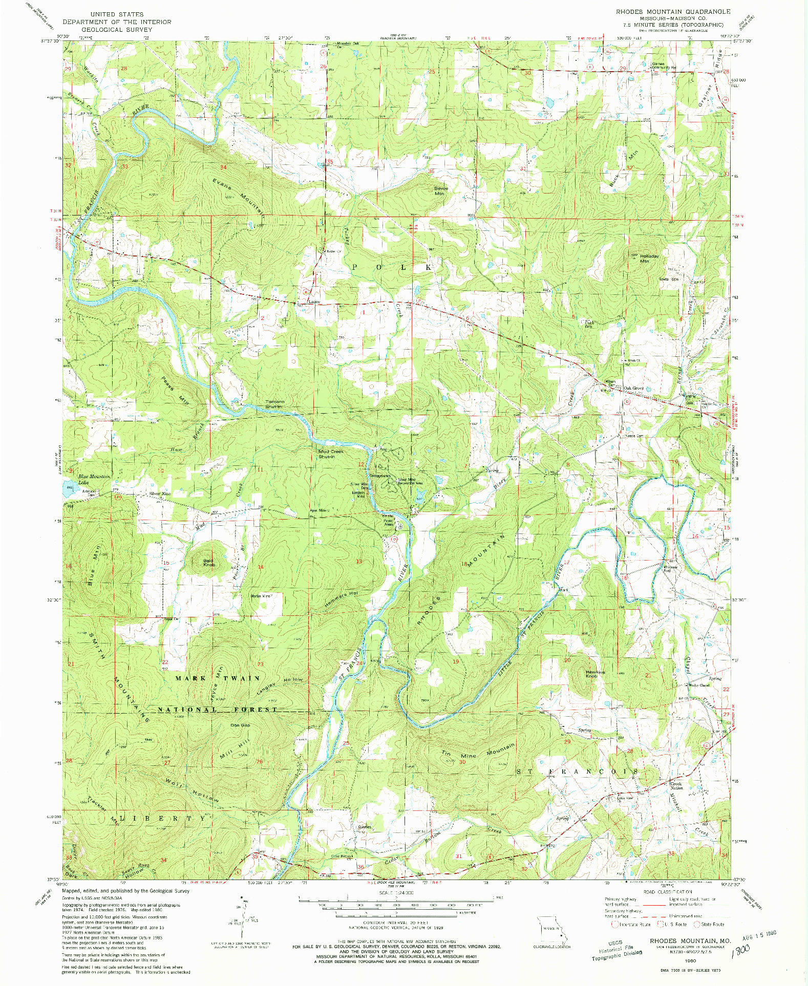 USGS 1:24000-SCALE QUADRANGLE FOR RHODES MOUNTAIN, MO 1980