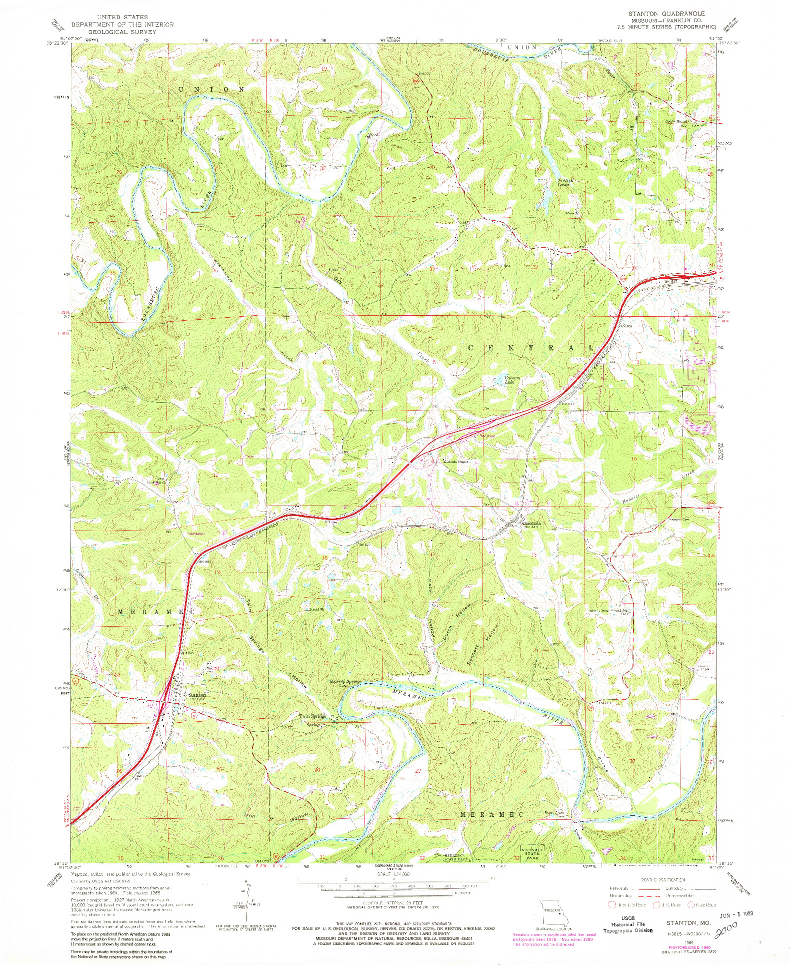 USGS 1:24000-SCALE QUADRANGLE FOR STANTON, MO 1965