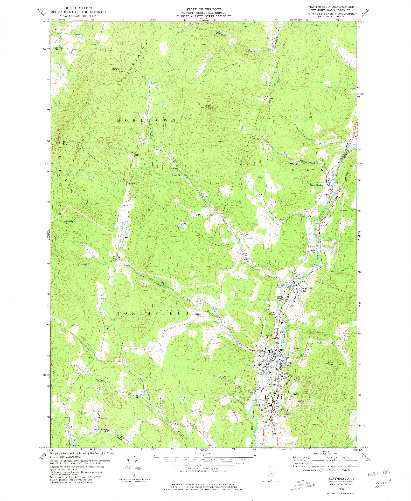 USGS 1:24000-SCALE QUADRANGLE FOR NORTHFIELD, VT 1980