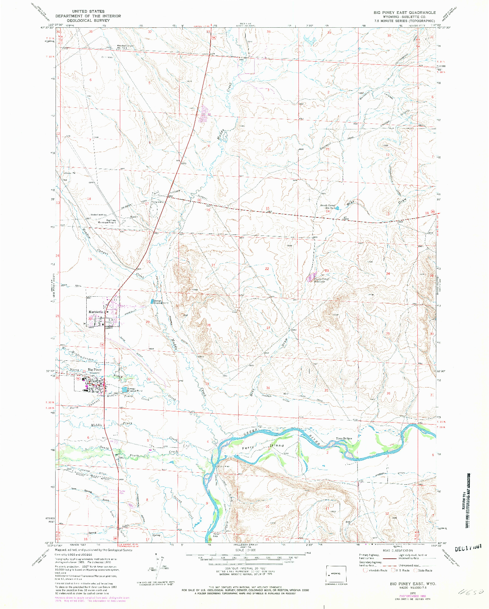 USGS 1:24000-SCALE QUADRANGLE FOR BIG PINEY EAST, WY 1970