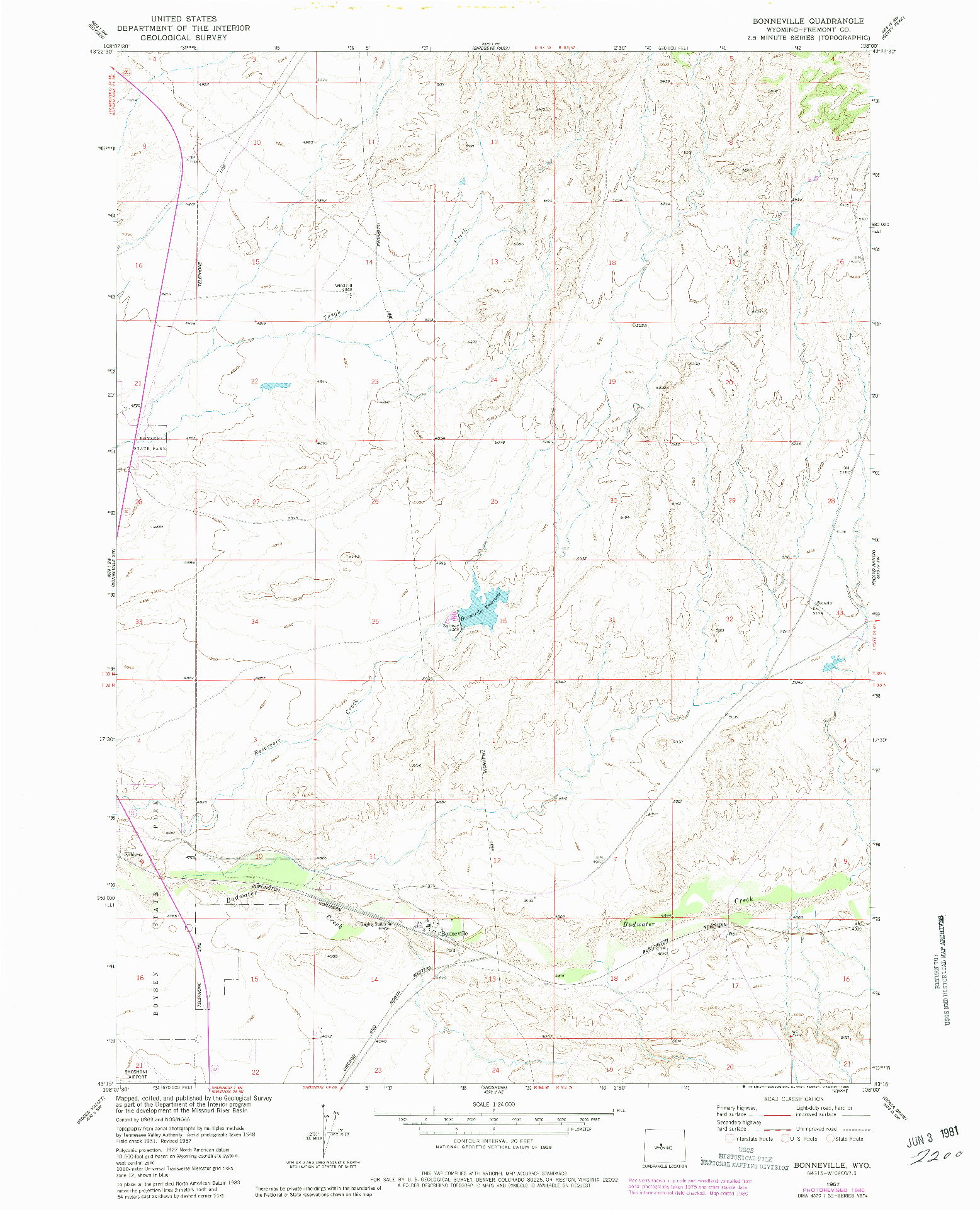 USGS 1:24000-SCALE QUADRANGLE FOR BONNEVILLE, WY 1957