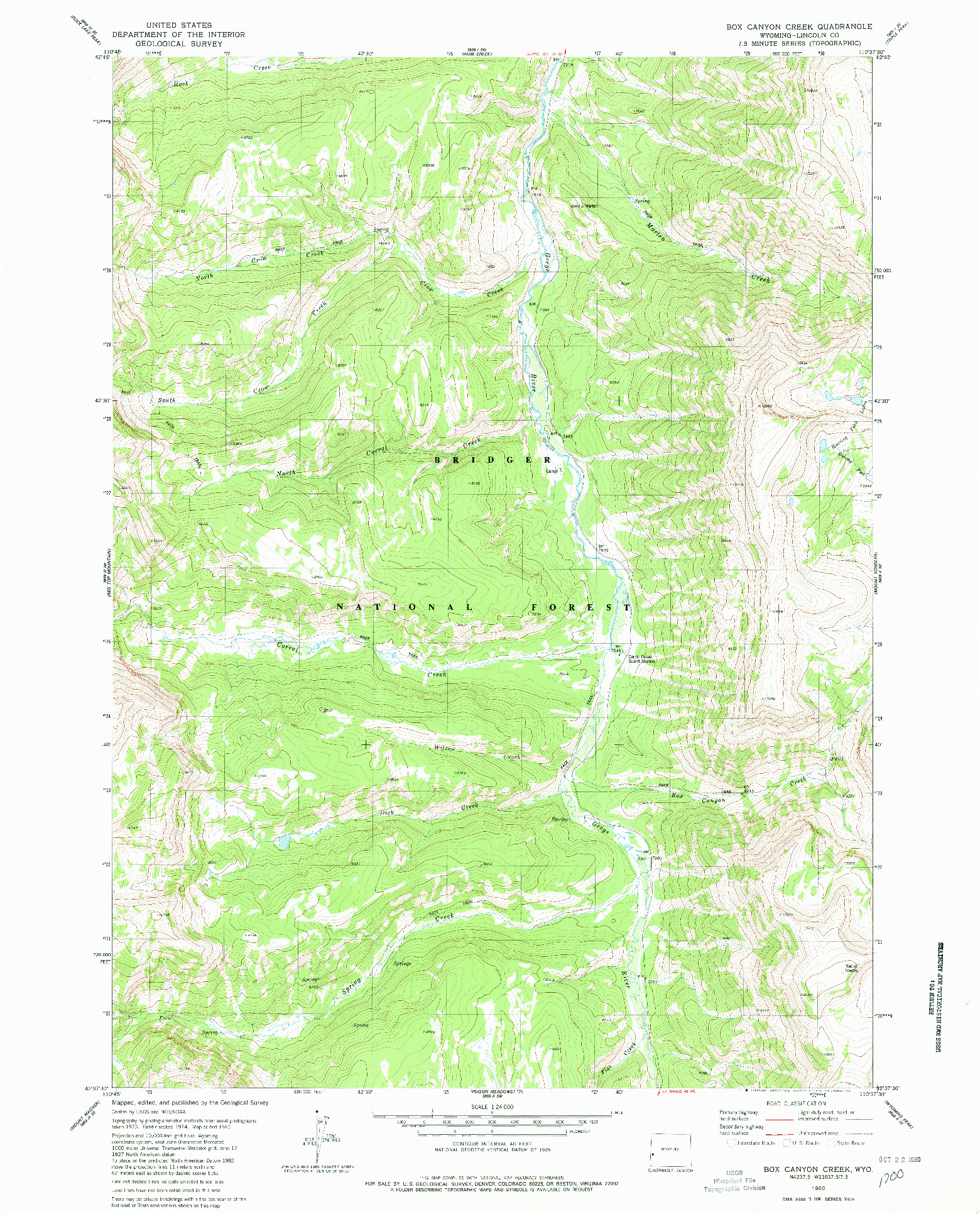 USGS 1:24000-SCALE QUADRANGLE FOR BOX CANYON CREEK, WY 1980