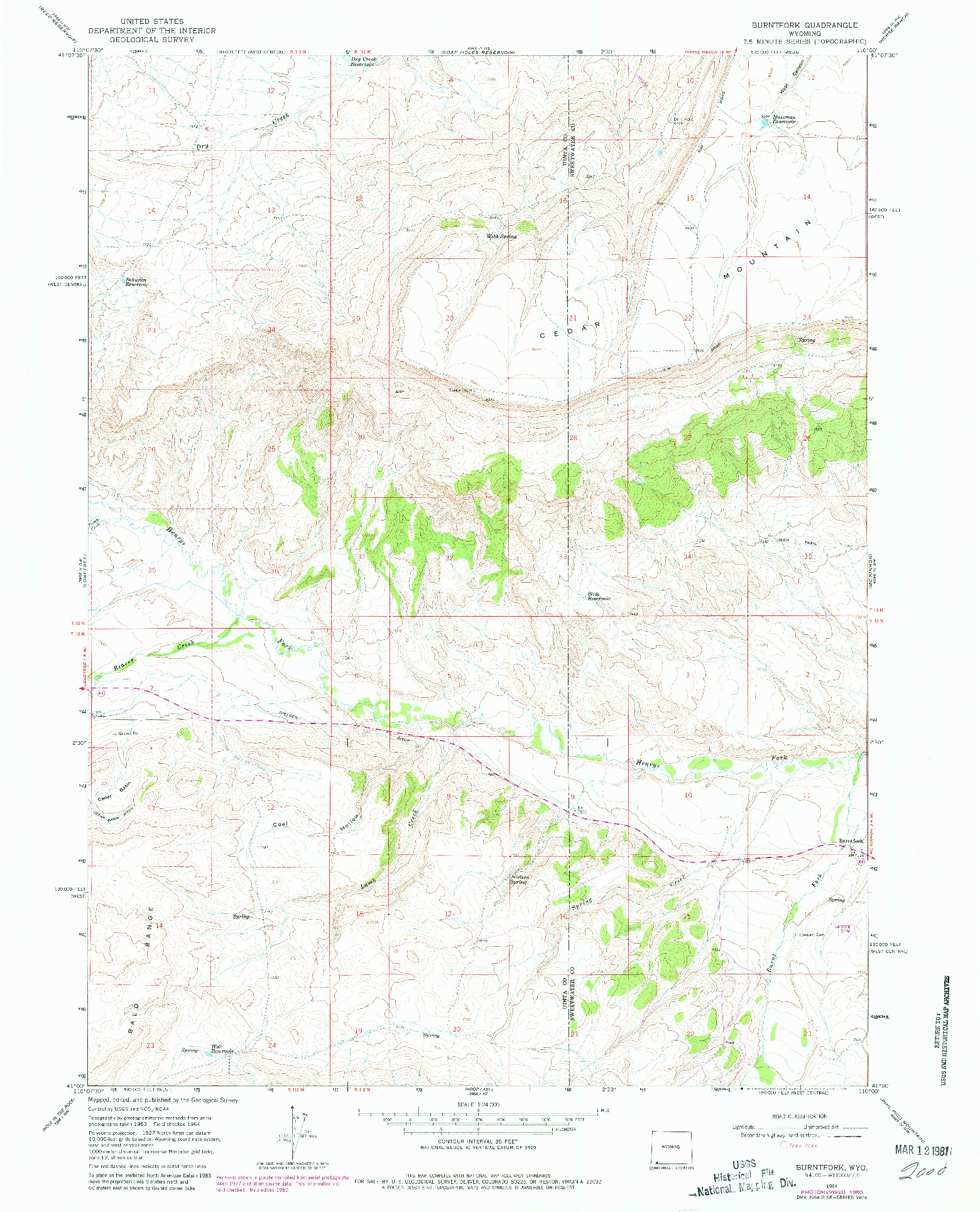 USGS 1:24000-SCALE QUADRANGLE FOR BURNTFORK, WY 1964