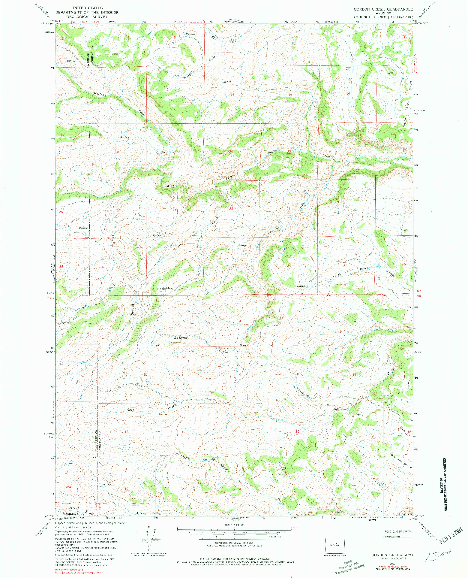 USGS 1:24000-SCALE QUADRANGLE FOR GORDON CREEK, WY 1967