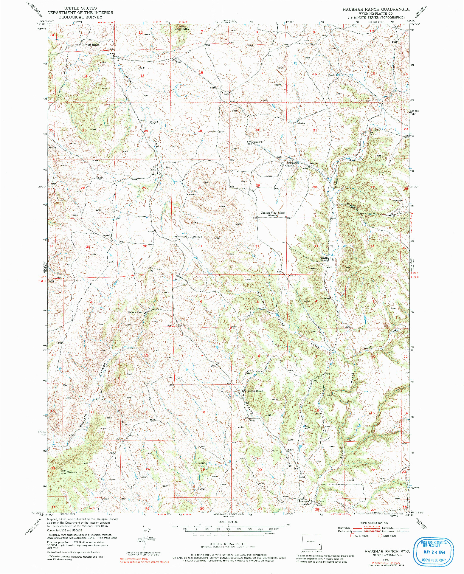 USGS 1:24000-SCALE QUADRANGLE FOR HAUSHAR RANCH, WY 1950