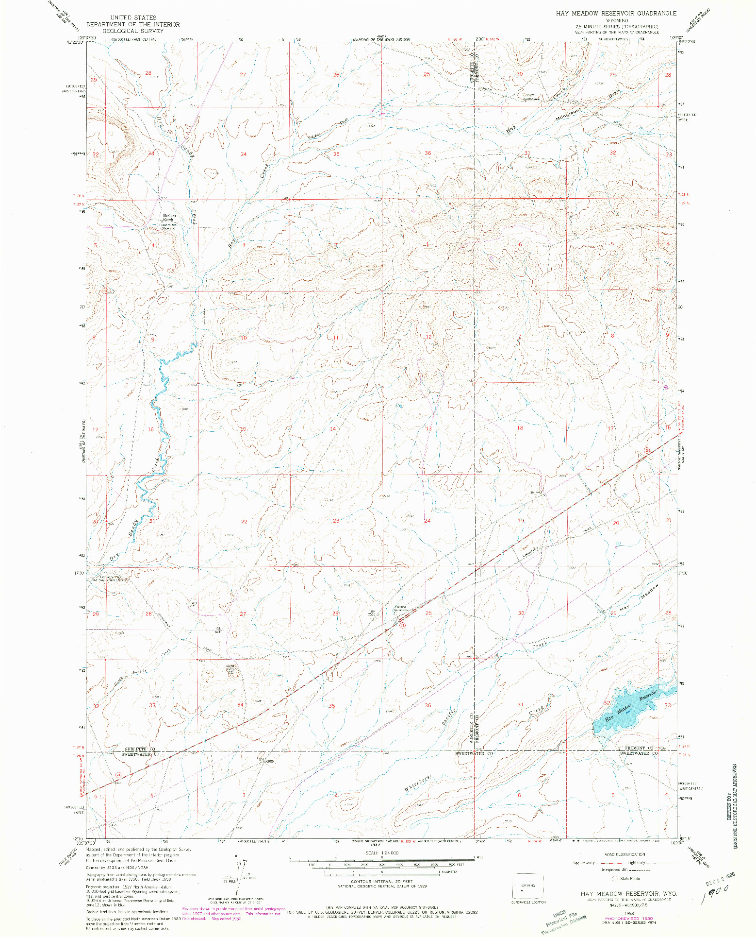 USGS 1:24000-SCALE QUADRANGLE FOR HAY MEADOW RESERVOIR, WY 1958