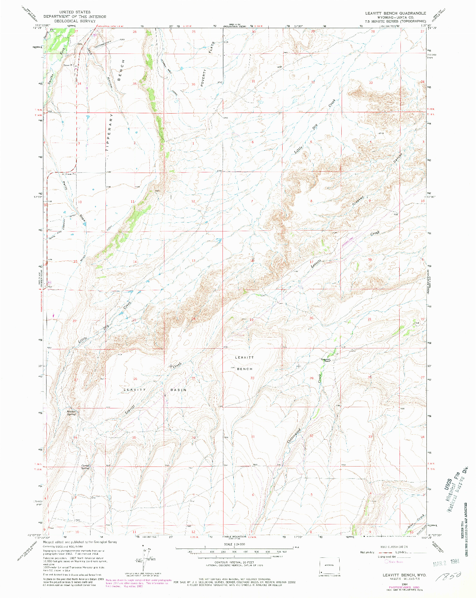 USGS 1:24000-SCALE QUADRANGLE FOR LEAVITT BENCH, WY 1964