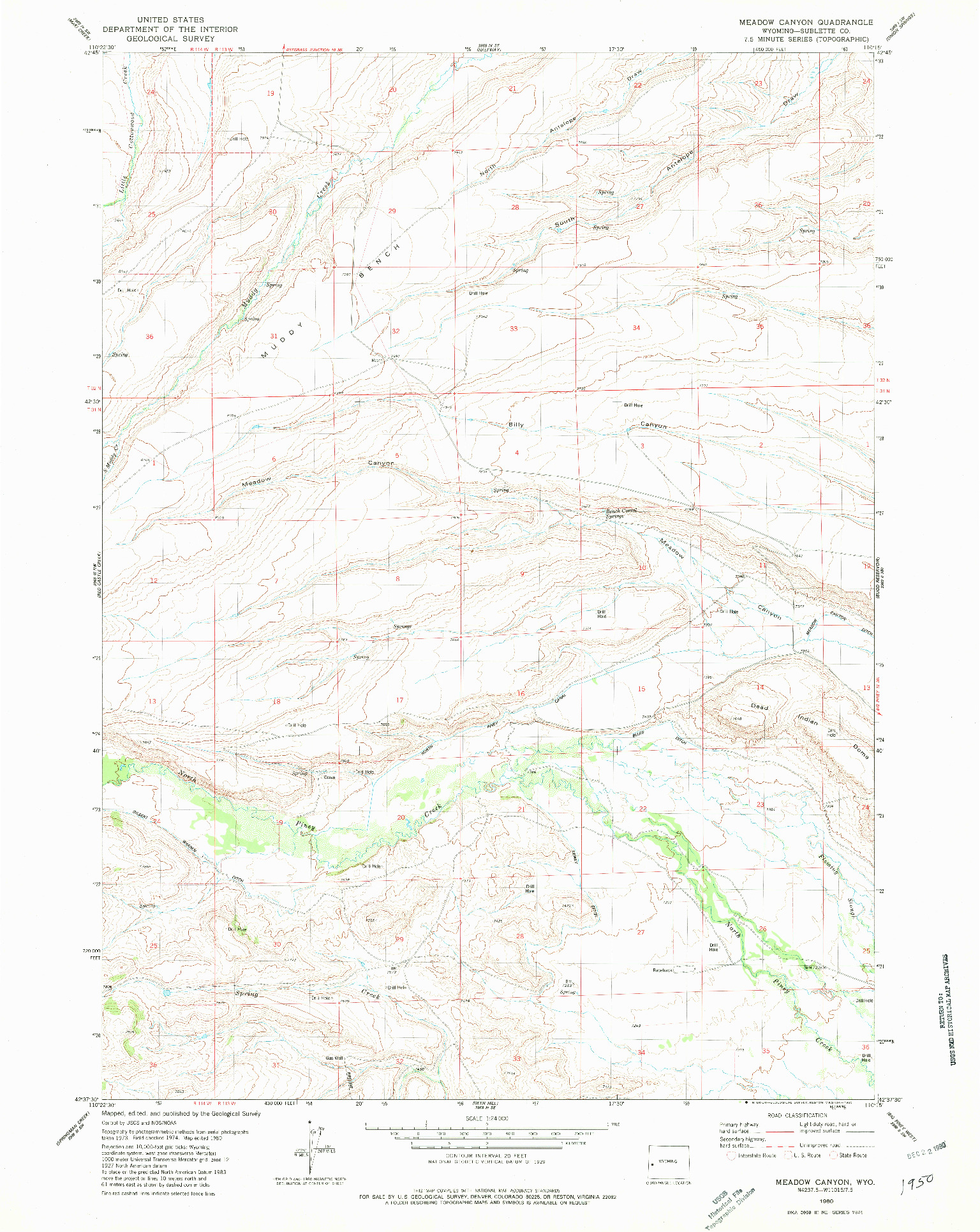 USGS 1:24000-SCALE QUADRANGLE FOR MEADOW CANYON, WY 1980