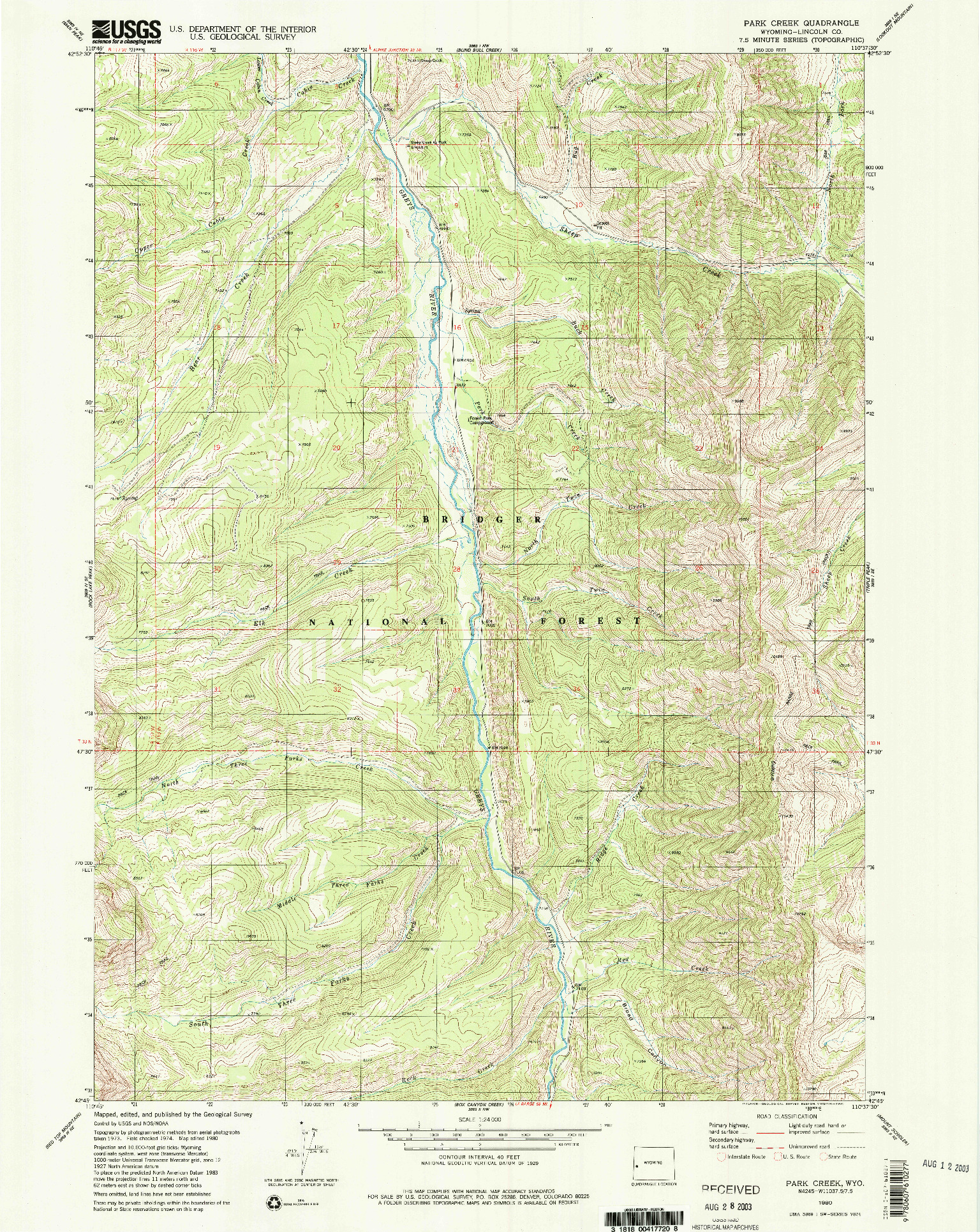 USGS 1:24000-SCALE QUADRANGLE FOR PARK CREEK, WY 1980