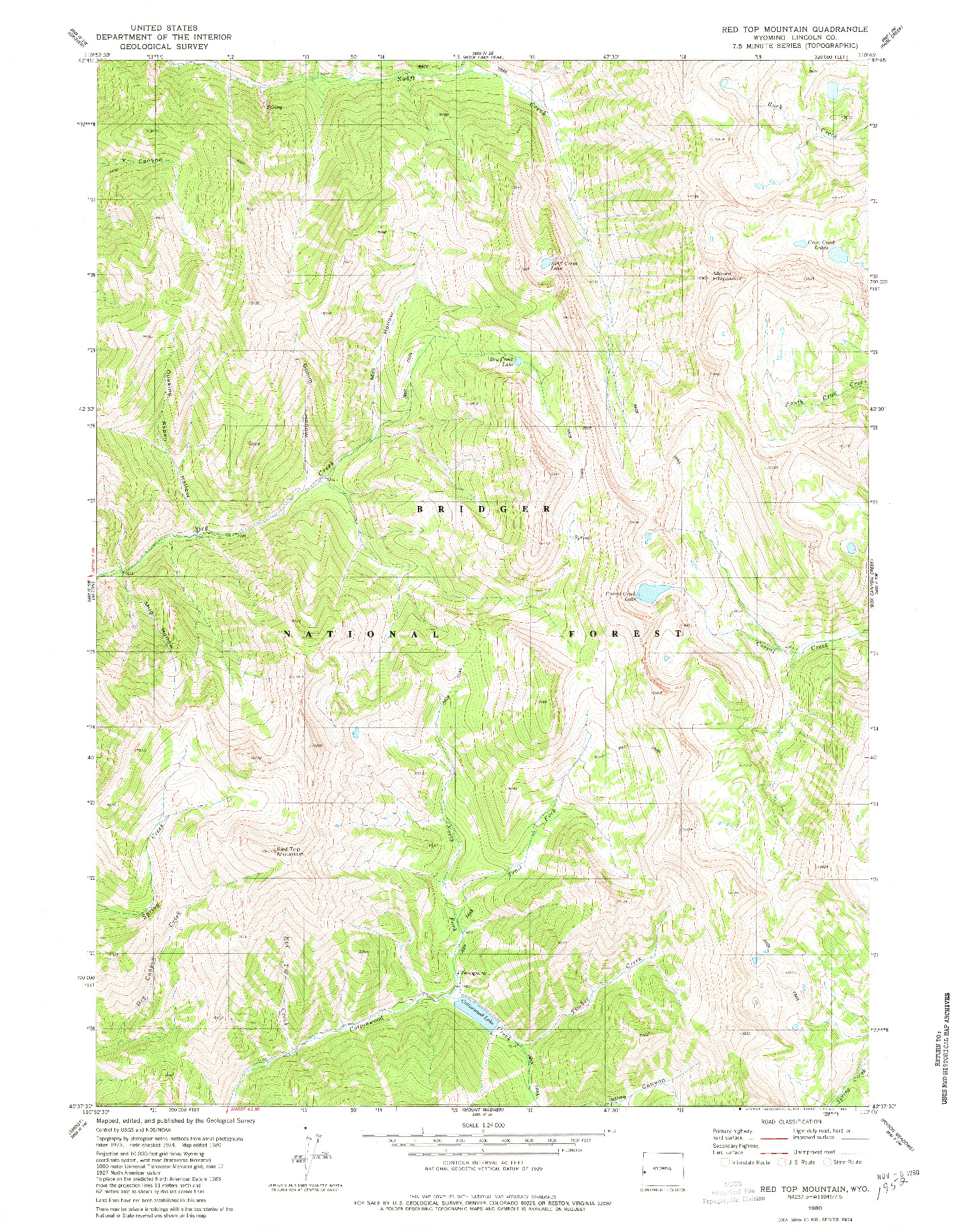 USGS 1:24000-SCALE QUADRANGLE FOR RED TOP MOUNTAIN, WY 1980