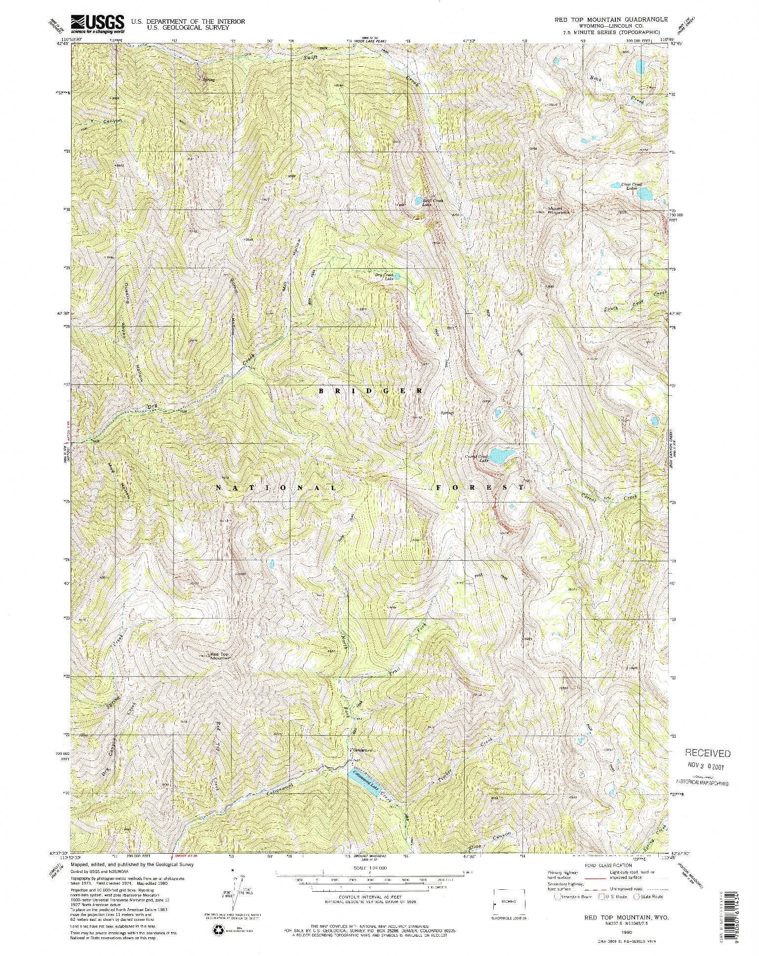 USGS 1:24000-SCALE QUADRANGLE FOR RED TOP MOUNTAIN, WY 1980