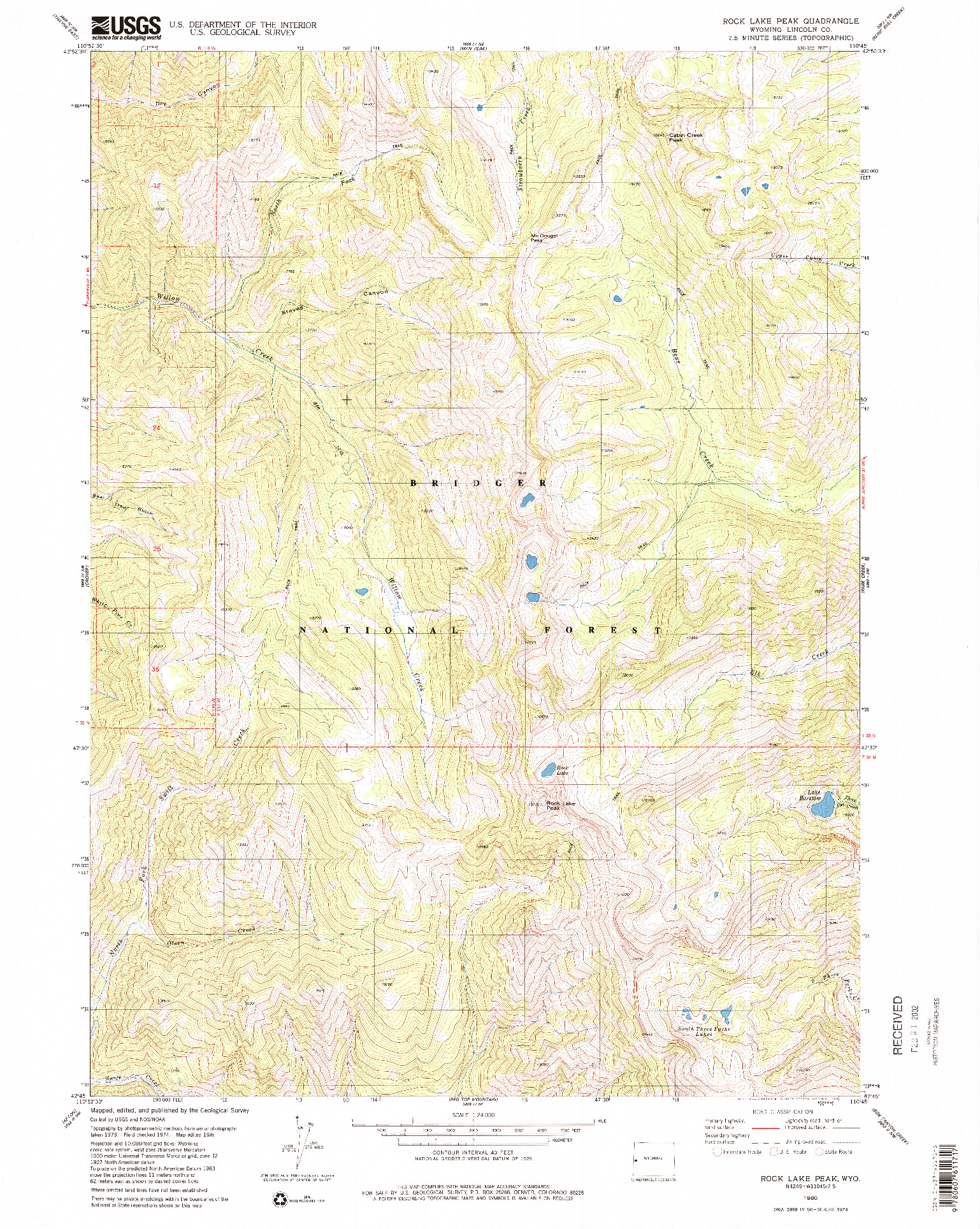 USGS 1:24000-SCALE QUADRANGLE FOR ROCK LAKE PEAK, WY 1980