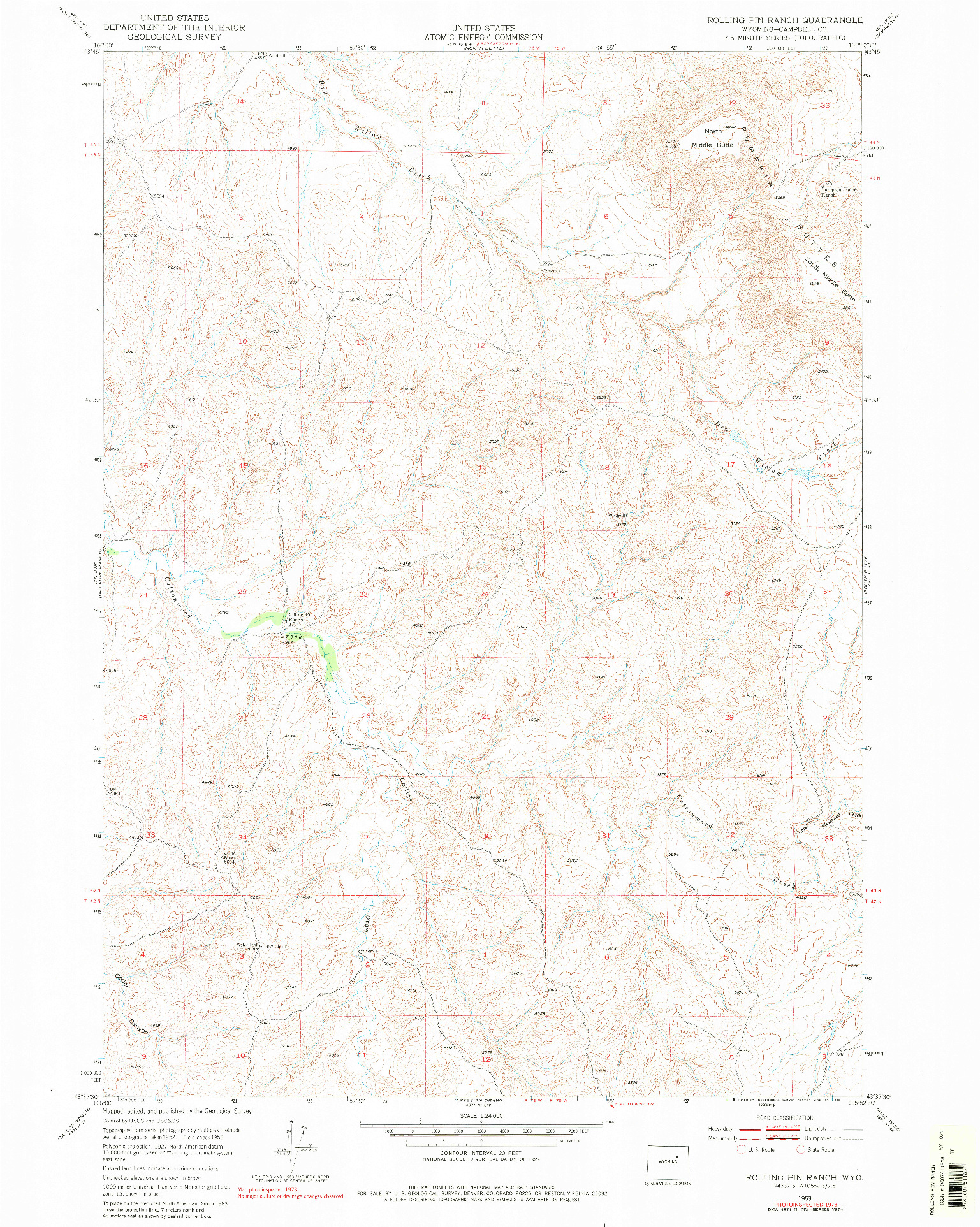 USGS 1:24000-SCALE QUADRANGLE FOR ROLLING PIN RANCH, WY 1953