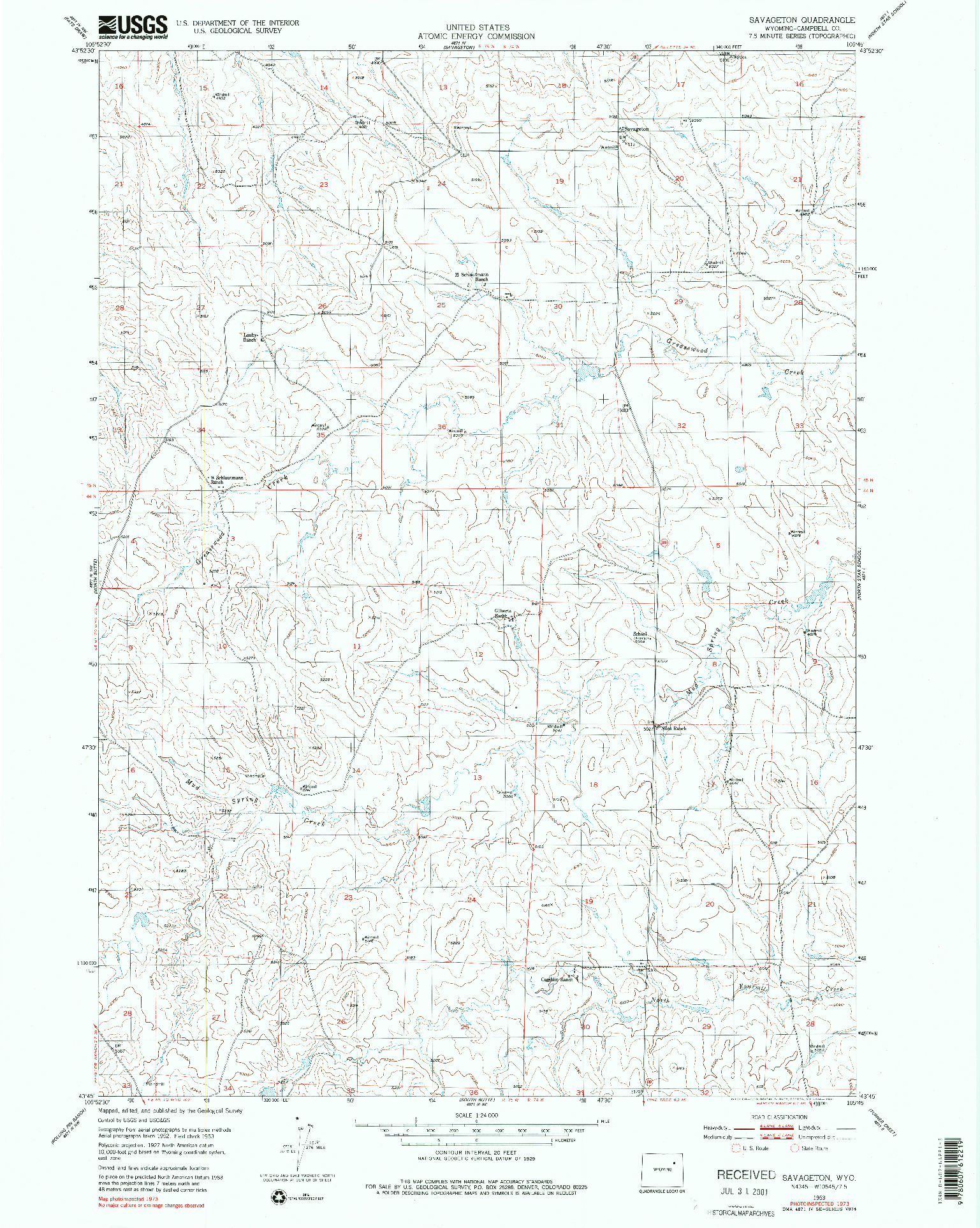 USGS 1:24000-SCALE QUADRANGLE FOR SAVAGETON, WY 1953