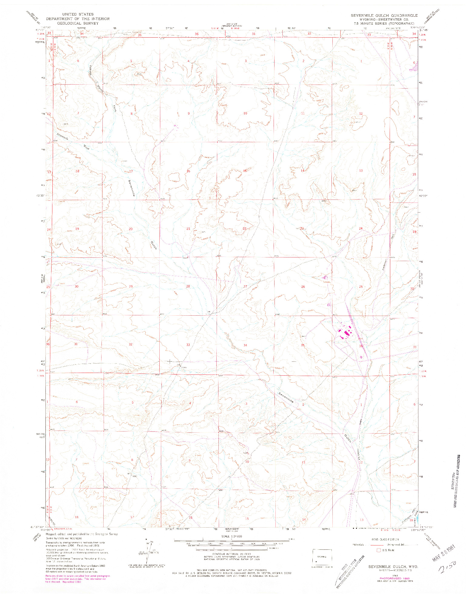 USGS 1:24000-SCALE QUADRANGLE FOR SEVENMILE GULCH, WY 1961