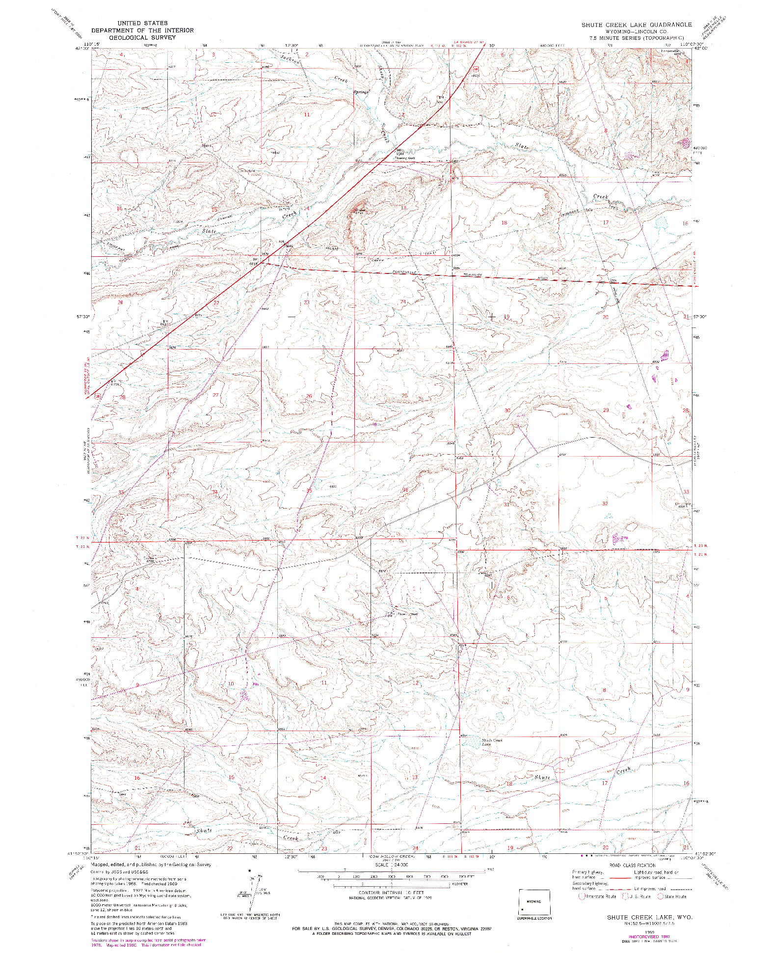 USGS 1:24000-SCALE QUADRANGLE FOR SHUTE CREEK LAKE, WY 1969