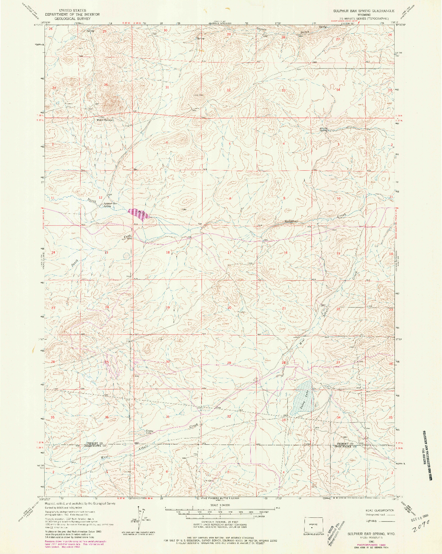 USGS 1:24000-SCALE QUADRANGLE FOR SULPHUR BAR SPRING, WY 1961