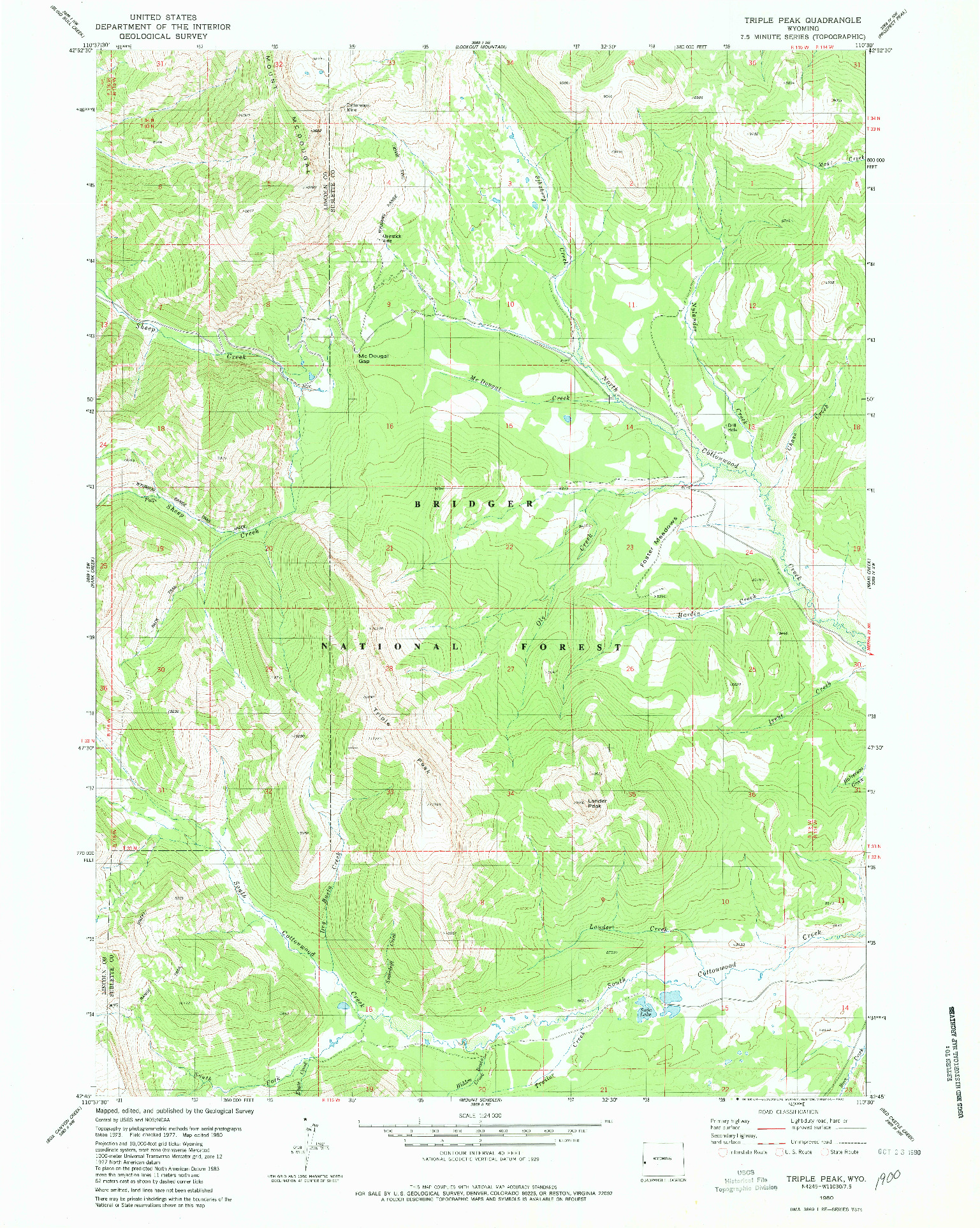 USGS 1:24000-SCALE QUADRANGLE FOR TRIPLE PEAK, WY 1980